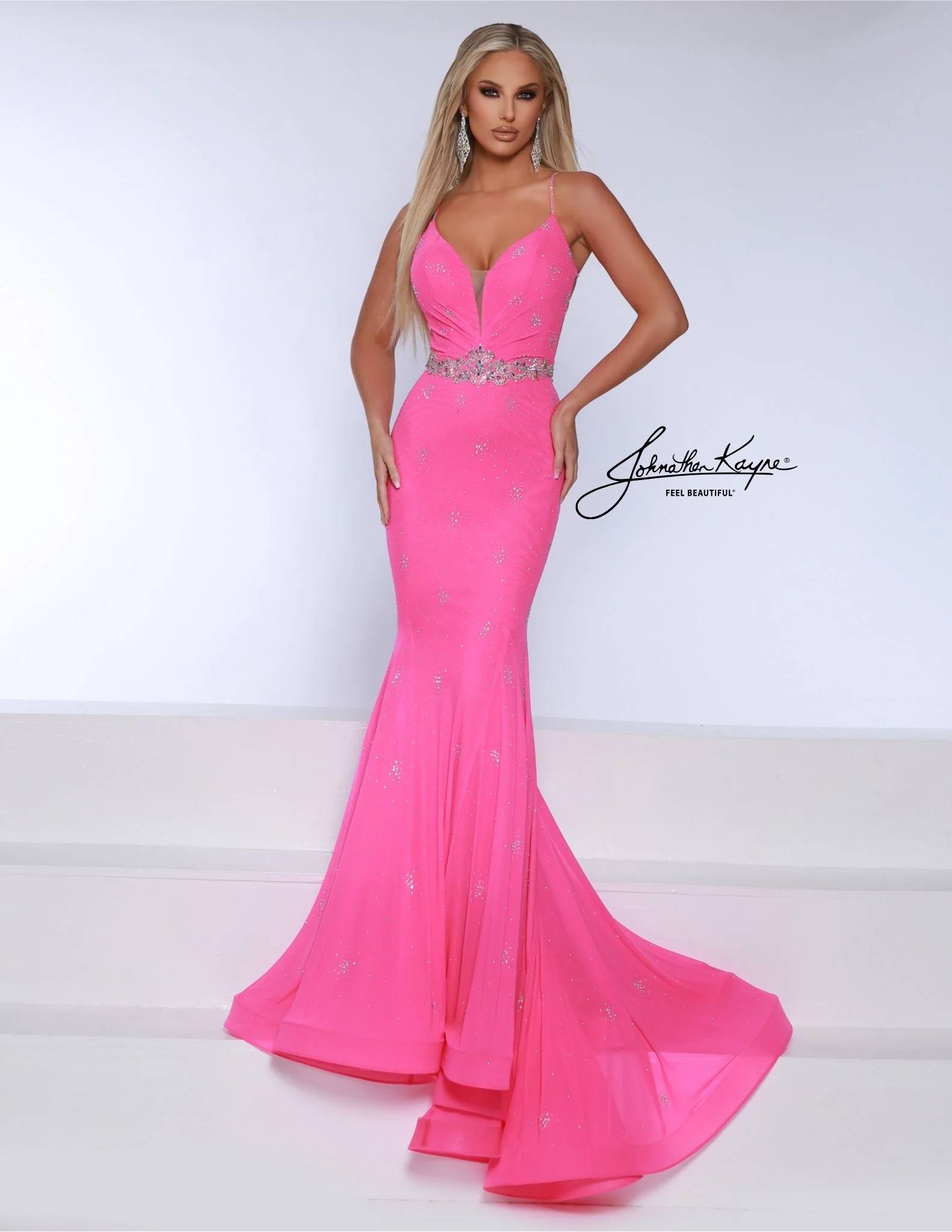 Johnathan Kayne 3008 Size 10 Hot Pink Crystal Prom Dress Mermaid V Neck Formal Backless Gown