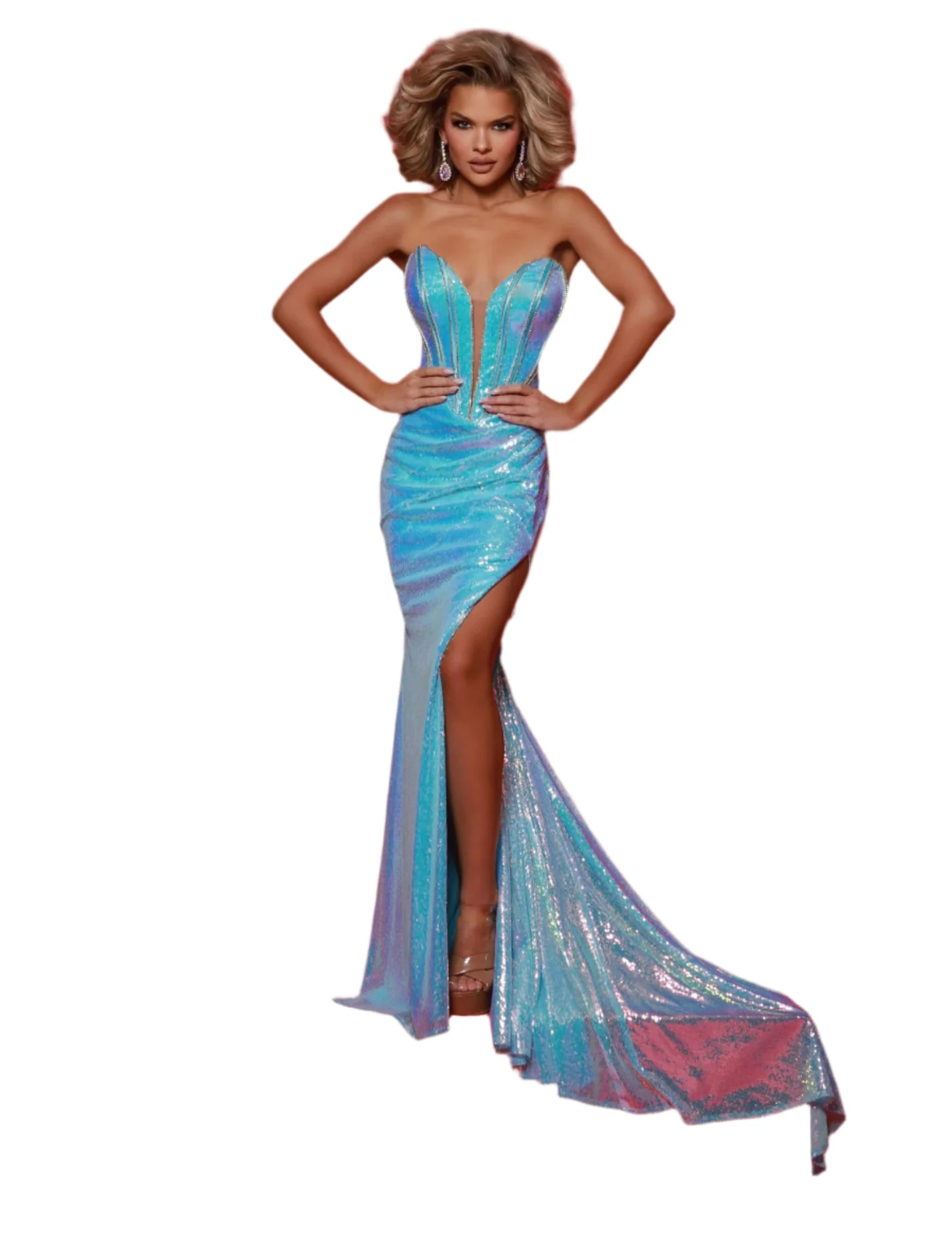 Johnathan Kayne 3010 Size 12 Neon Pink Sequin Corset Prom Dress Slit Strapless Train Pageant Gown - Image 7