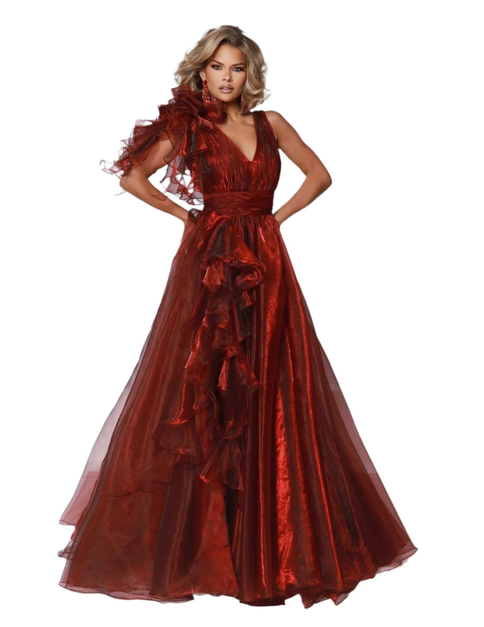 Johnathan Kayne 3014 Size 16 Crimson Long A Line Ruffle Iridescent Prom Dress V Neck Formal Evening Gown