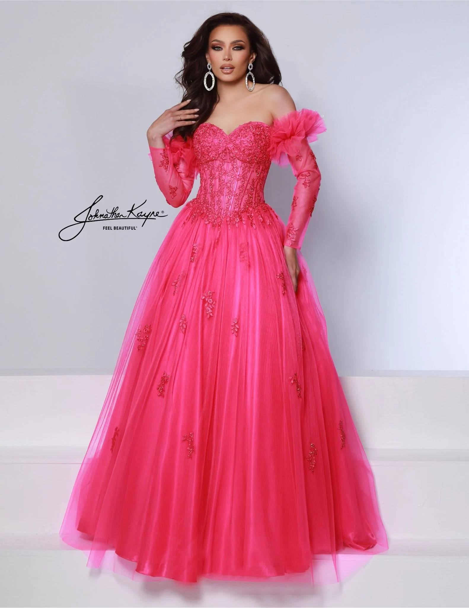Johnathan Kayne 3019 Size 6 Hot Pink Sheer Corset Prom Dress Lace Sleeves pleated Ballgown Strapless