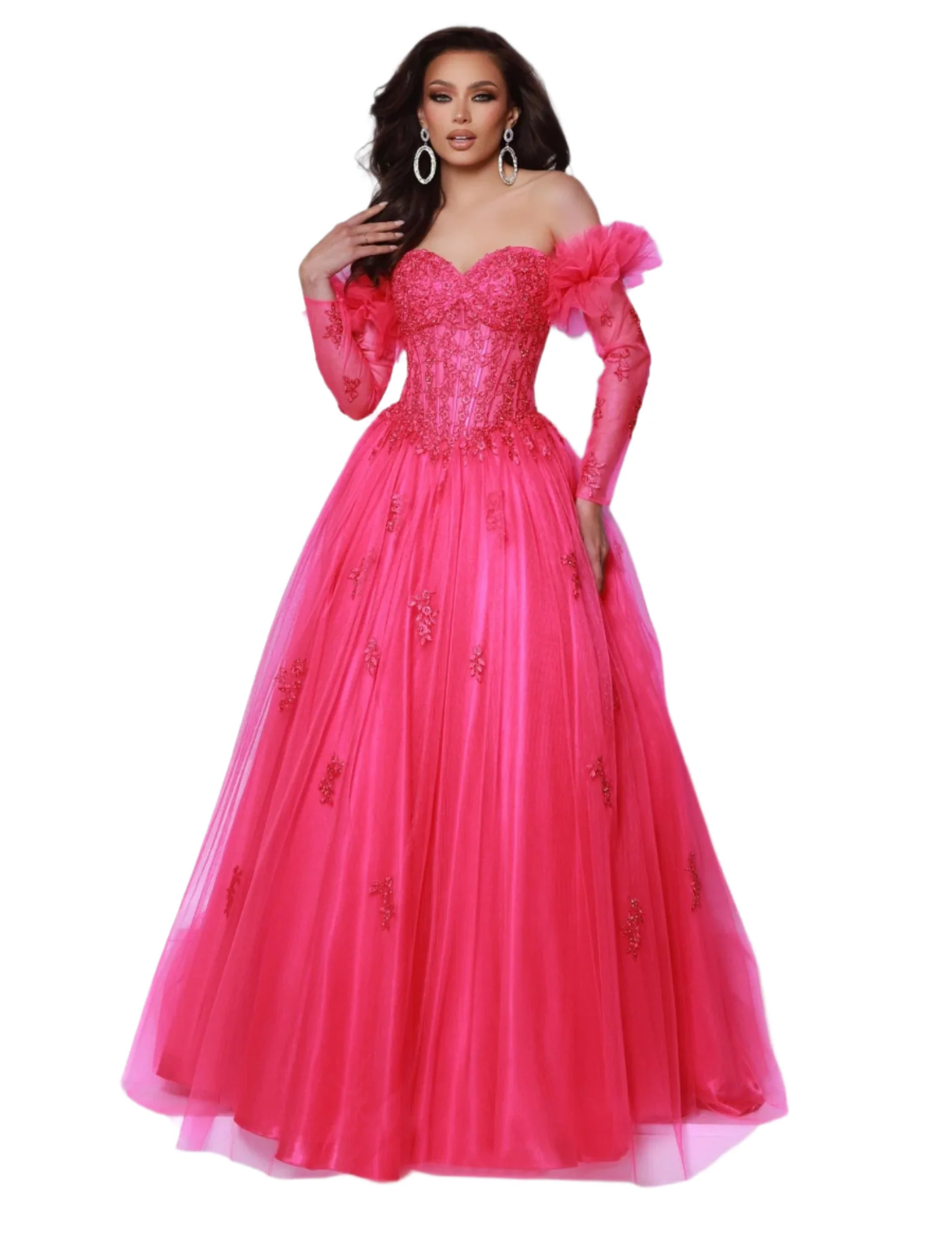 Johnathan Kayne 3019 Size 6 Hot Pink Sheer Corset Prom Dress Lace Sleeves pleated Ballgown Strapless - Image 2