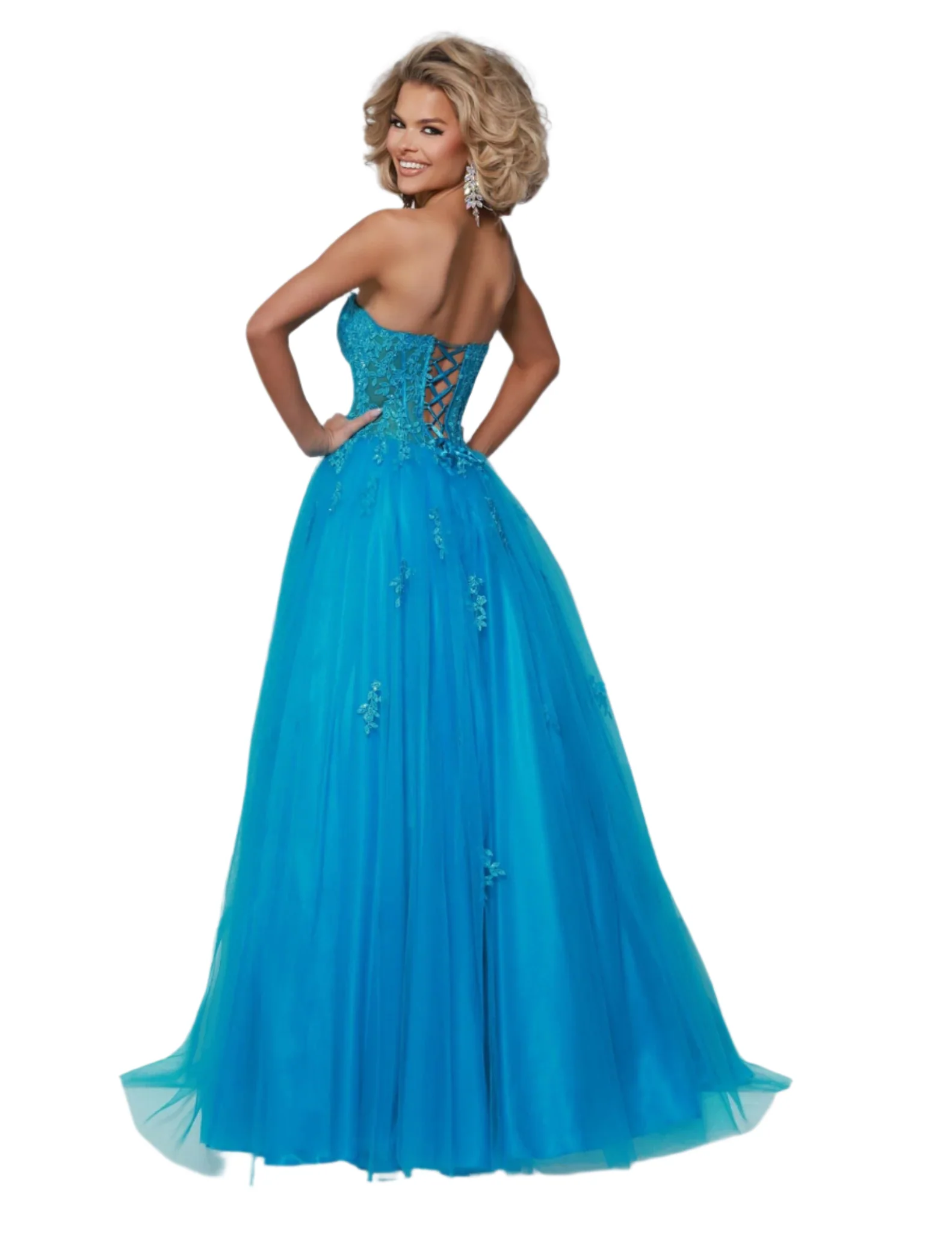 Johnathan Kayne 3019 Size 6 Hot Pink Sheer Corset Prom Dress Lace Sleeves pleated Ballgown Strapless - Image 4
