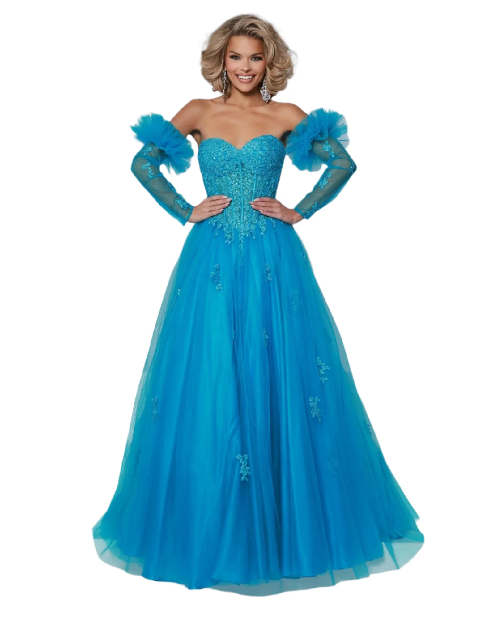 Johnathan Kayne 3019 Size 6 Hot Pink Sheer Corset Prom Dress Lace Sleeves pleated Ballgown Strapless - Image 5
