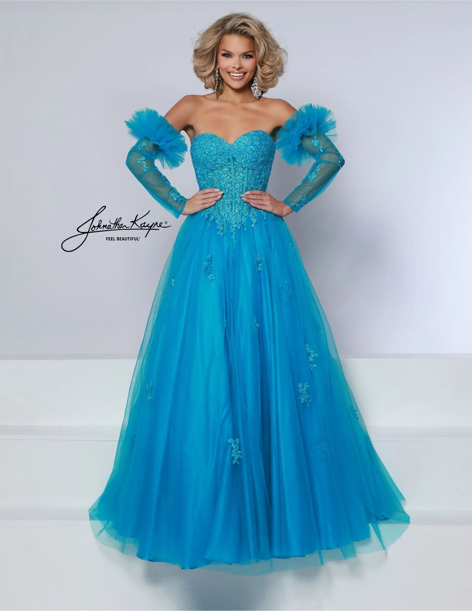 Johnathan Kayne 3019 Size 6 Hot Pink Sheer Corset Prom Dress Lace Sleeves pleated Ballgown Strapless - Image 6