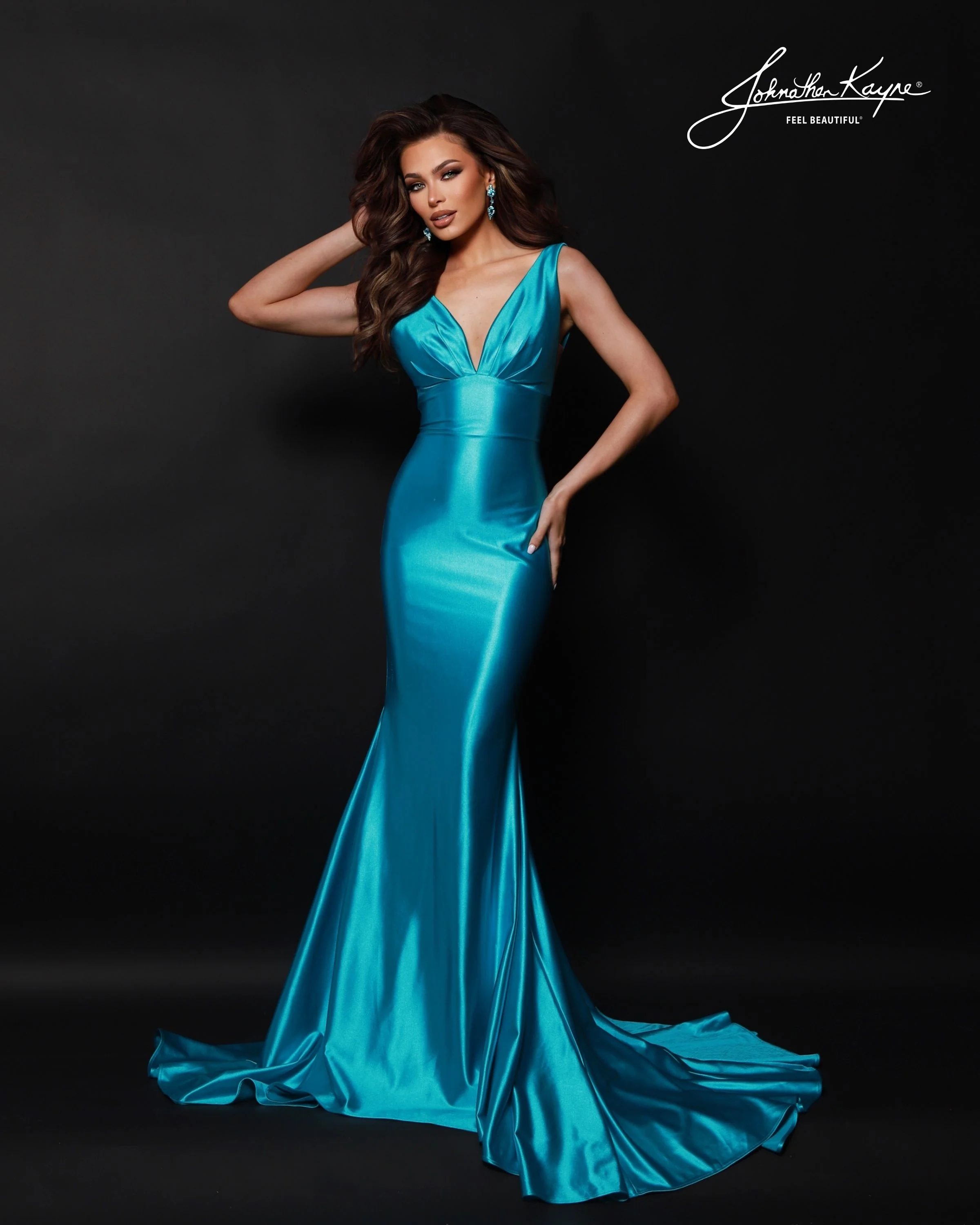 Johnathan Kayne 3039 Stretch Lycra Prom Dress V Neckline Wide Straps Fit and Flare Evening Gown - Image 9