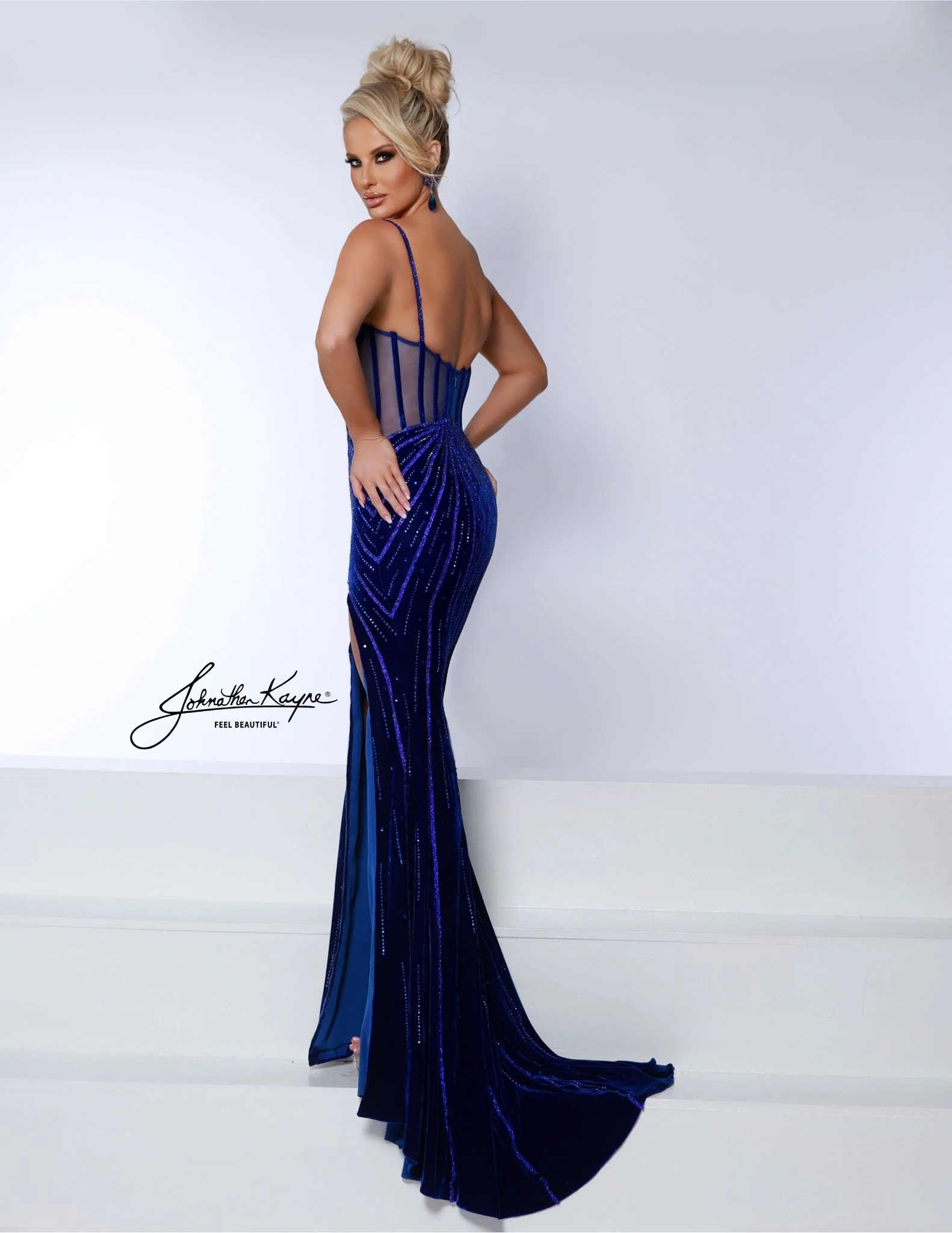 Johnathan Kayne 3065 Long Velvet Dress Corset Crystal Slit V Neck - Image 2