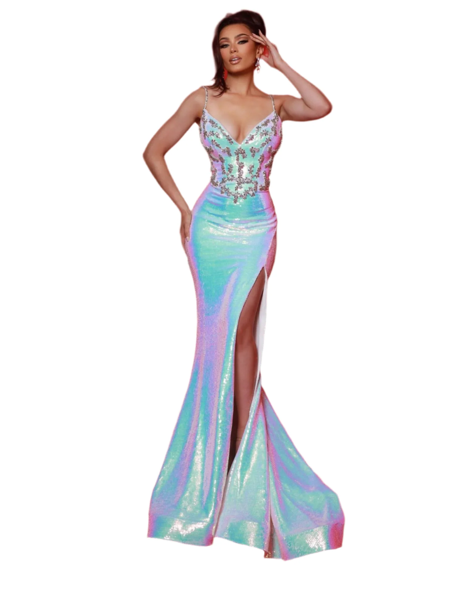 Johnathan Kayne 3082 Size 2 White Sequin Iridescent Prom Dress Backless Crystal Bodice Pageant Gown