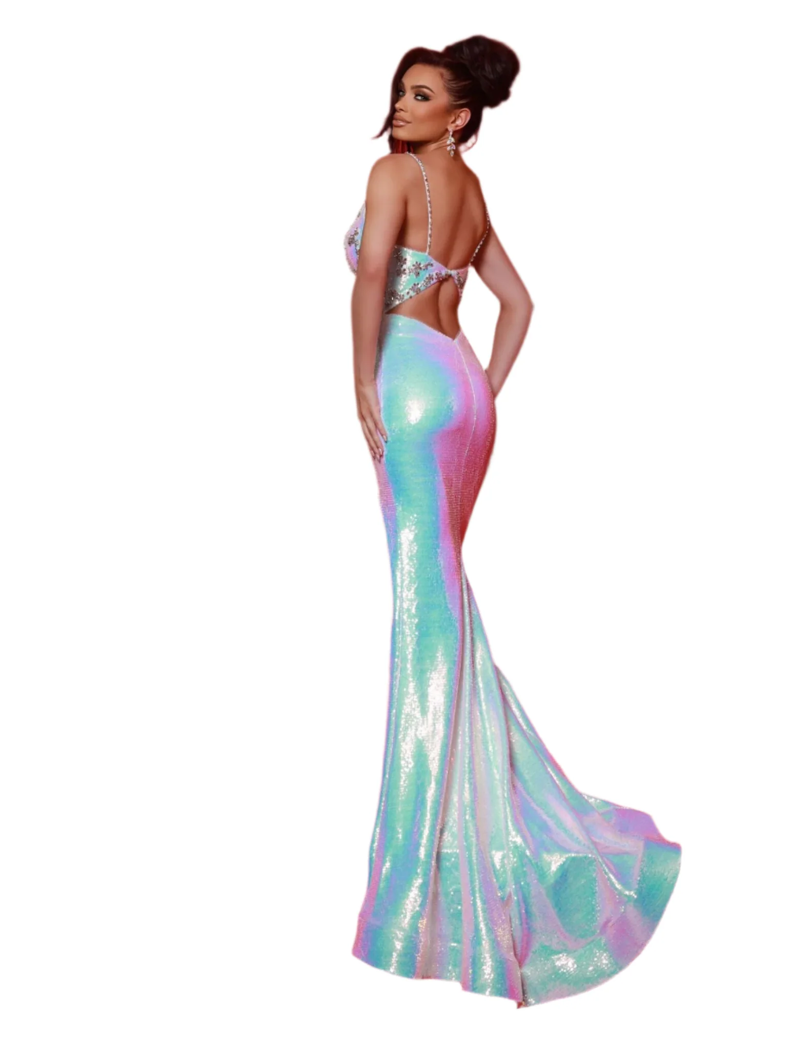 Johnathan Kayne 3082 Size 2 White Sequin Iridescent Prom Dress Backless Crystal Bodice Pageant Gown - Image 2