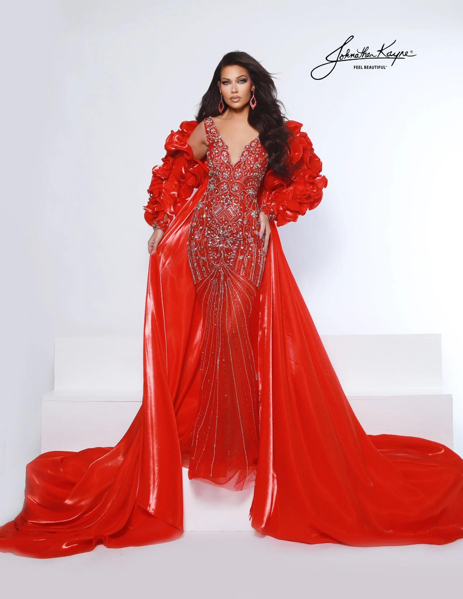 Johnathan Kayne 3084 Fully Beaded Evening Gown Scalloped V Neckline Mirror Organza Bolero Cape