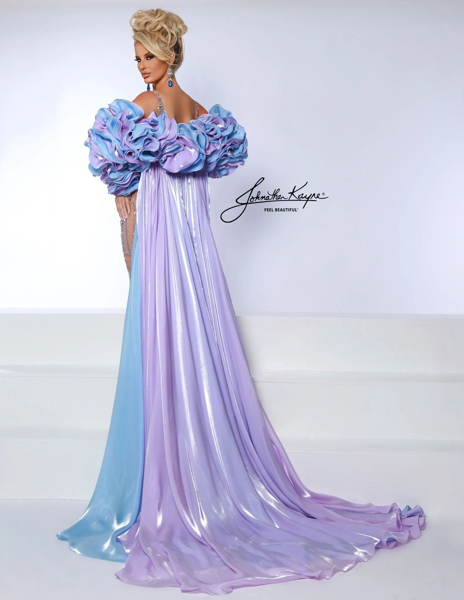 Johnathan Kayne 3084 Fully Beaded Evening Gown Scalloped V Neckline Mirror Organza Bolero Cape - Image 6