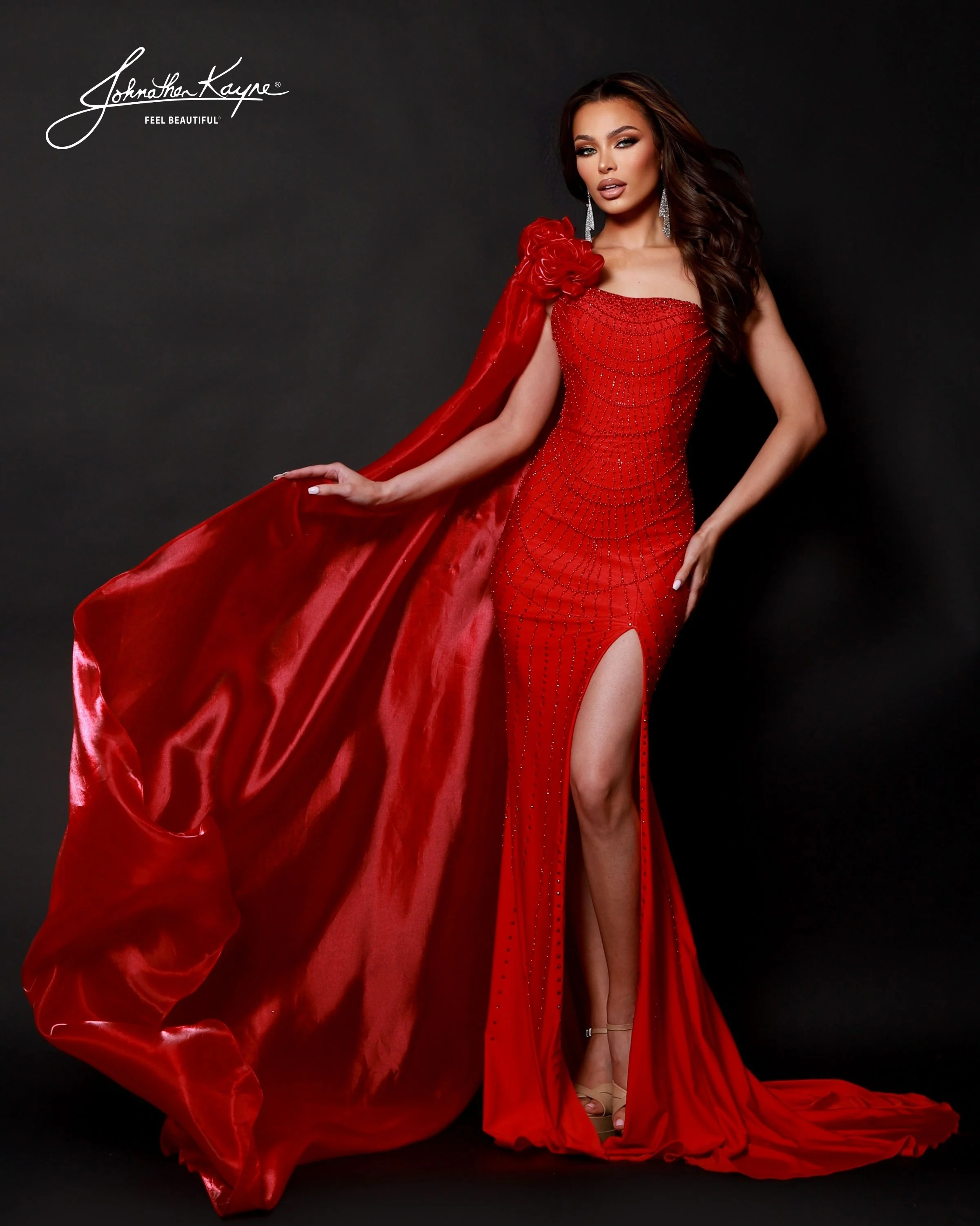 Johnathan Kayne 3121 One shoulder pageant dress rosette cape rhinestones Formal Gown - Image 2