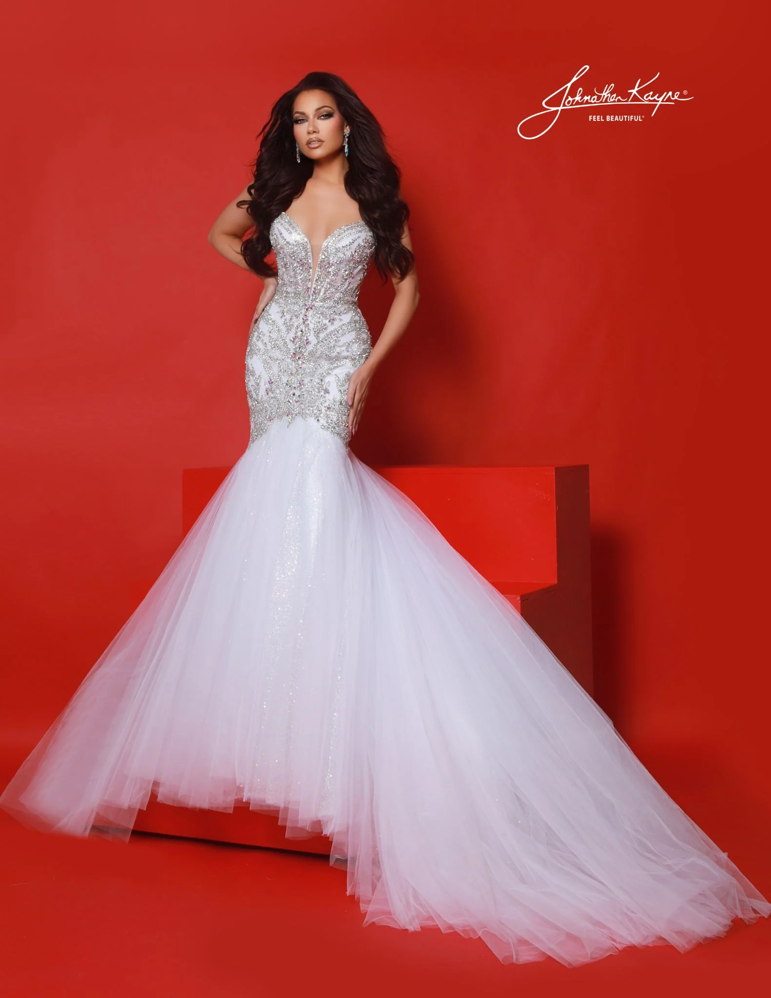 Johnathan Kayne 3128 Crystal Mermaid Pageant Dress Bridal Wedding Gown Sheer Corset Shimmer Train - Image 3
