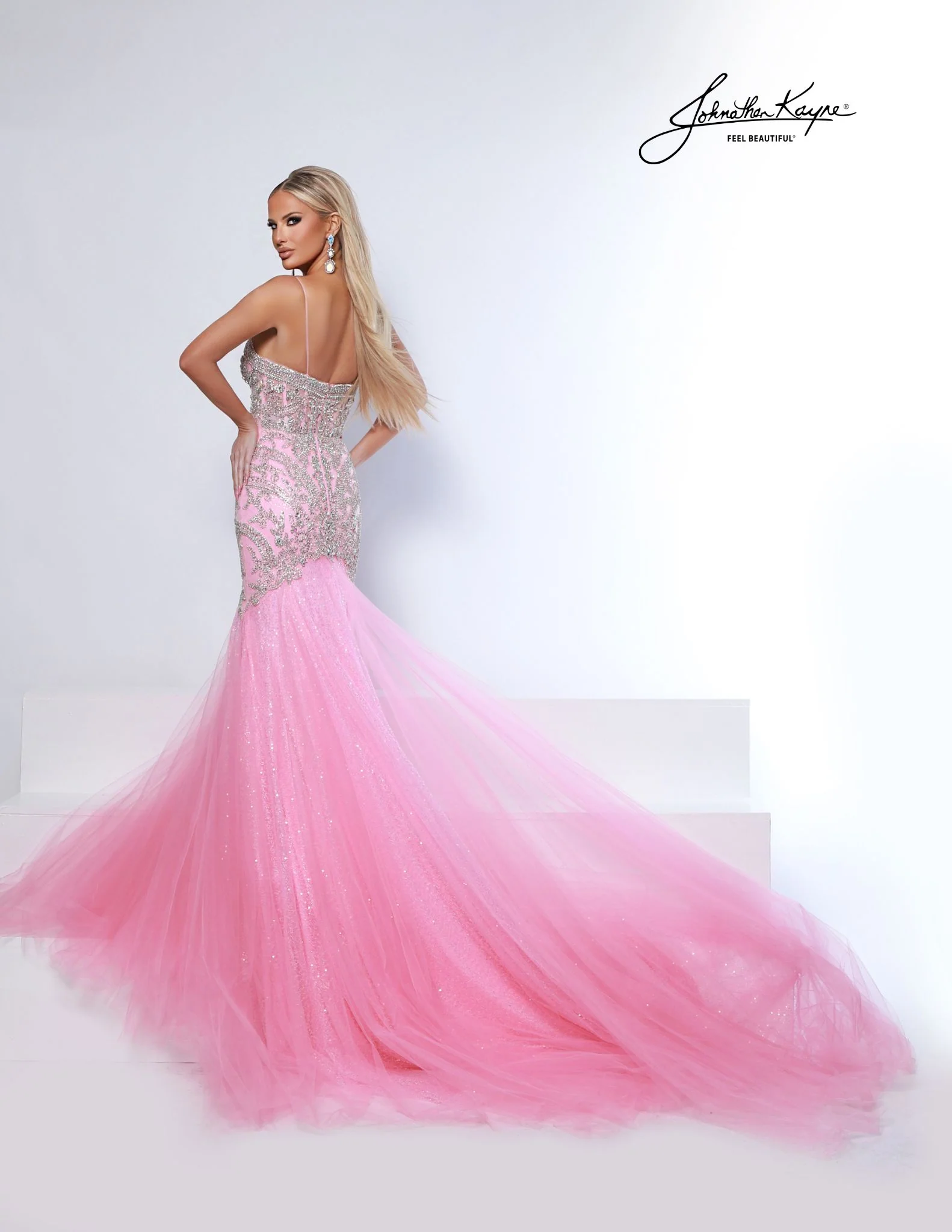 Johnathan Kayne 3128 Crystal Mermaid Pageant Dress Bridal Wedding Gown Sheer Corset Shimmer Train - Image 4