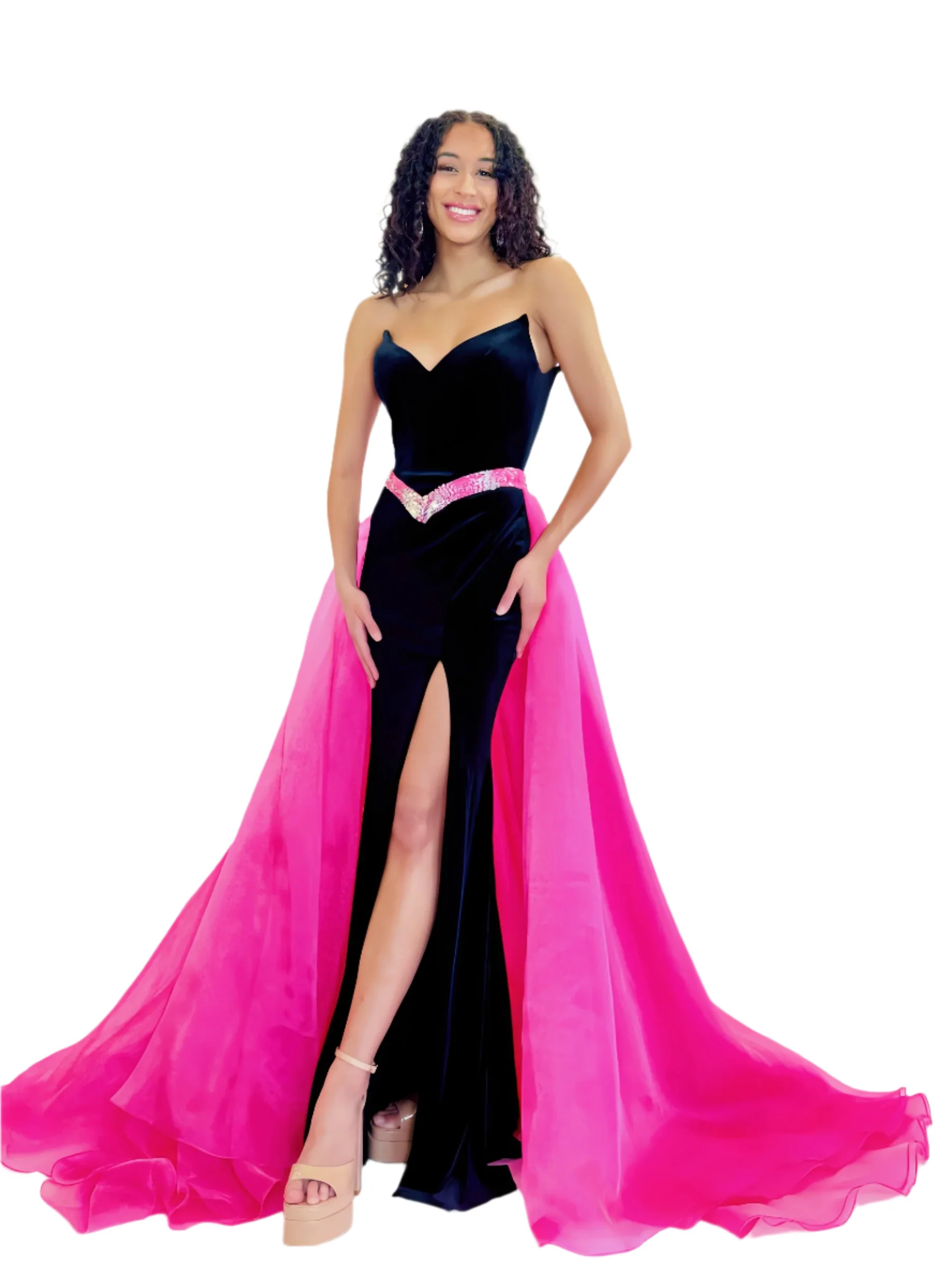 Johnathan Kayne 3132 Long Fitted velvet Pageant Dress high slit overskirt V Neck Formal Gown