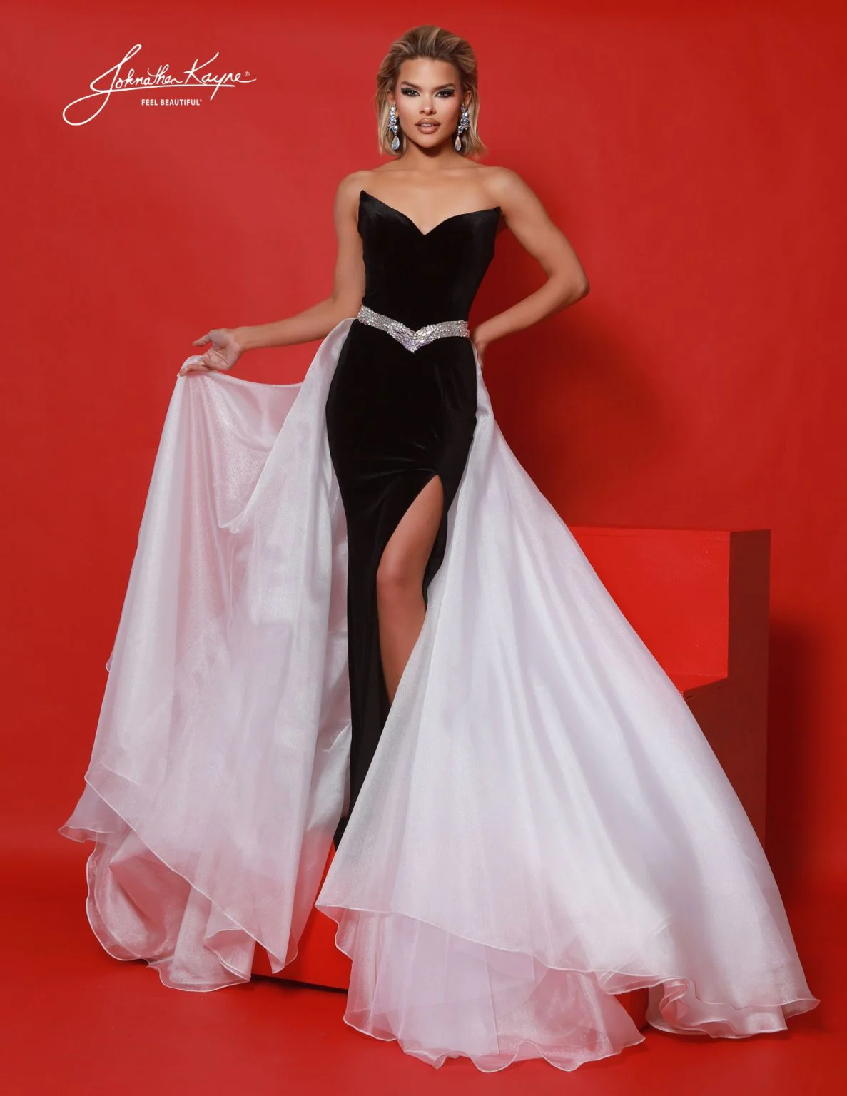 Johnathan Kayne 3132 Long Fitted velvet Pageant Dress high slit overskirt V Neck Formal Gown - Image 3