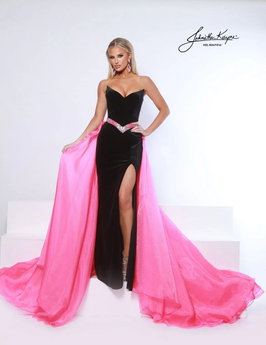 Johnathan Kayne 3132 Long Fitted velvet Pageant Dress high slit overskirt V Neck Formal Gown - Image 4