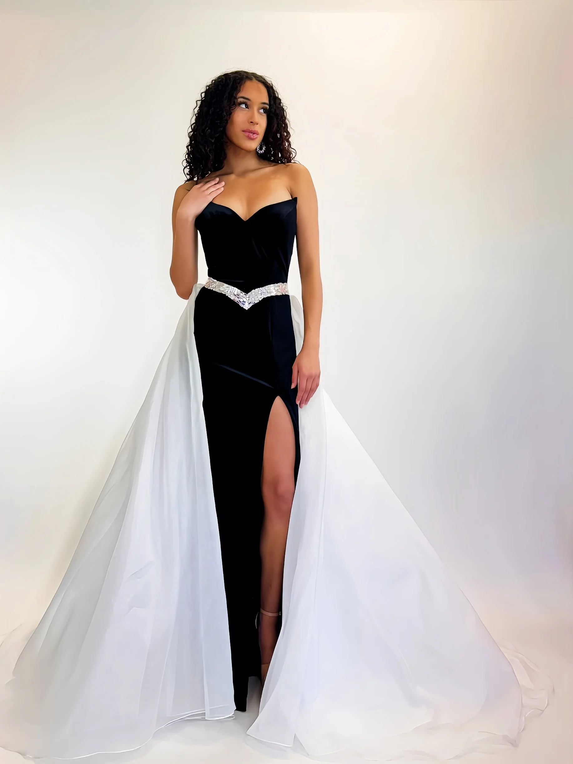 Johnathan Kayne 3132 Long Fitted velvet Pageant Dress high slit overskirt V Neck Formal Gown - Image 8