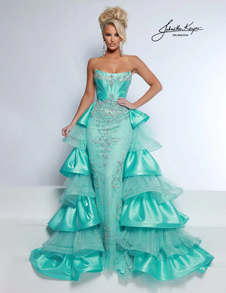 Johnathan Kayne 3142 fitted Pageant Gown Shimmer satin lace gown corset ruffle overskirt - Image 2