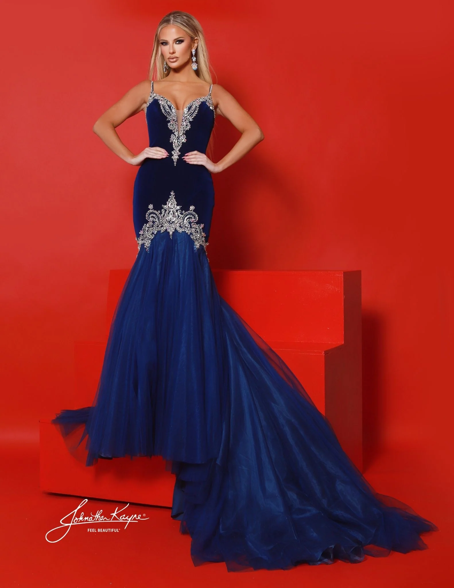 Johnathan Kayne 3148 Velvet Pageant Dress V Neckline Crystals Fit and Flare Mermaid Gown