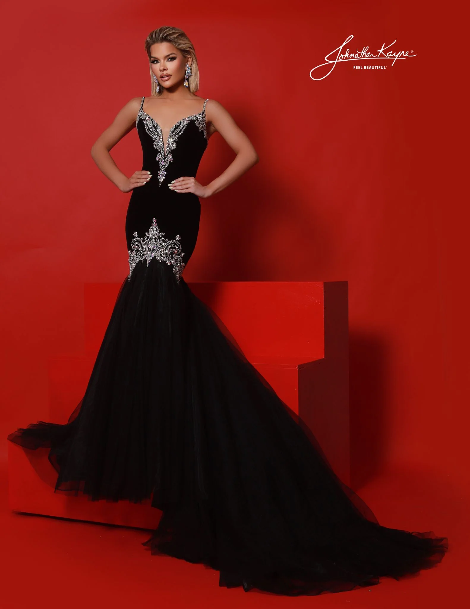 Johnathan Kayne 3148 Velvet Pageant Dress V Neckline Crystals Fit and Flare Mermaid Gown - Image 2