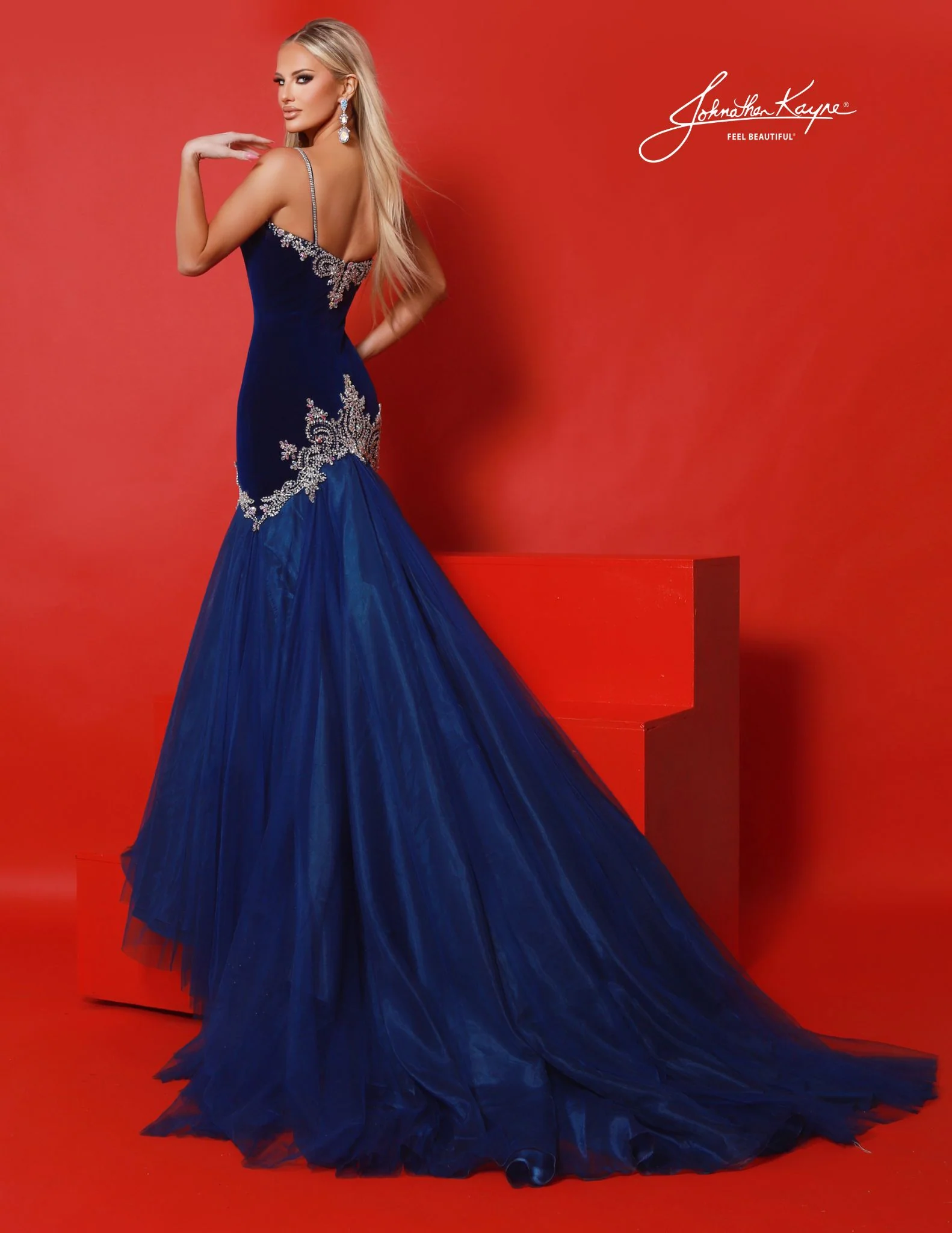 Johnathan Kayne 3148 Velvet Pageant Dress V Neckline Crystals Fit and Flare Mermaid Gown - Image 3