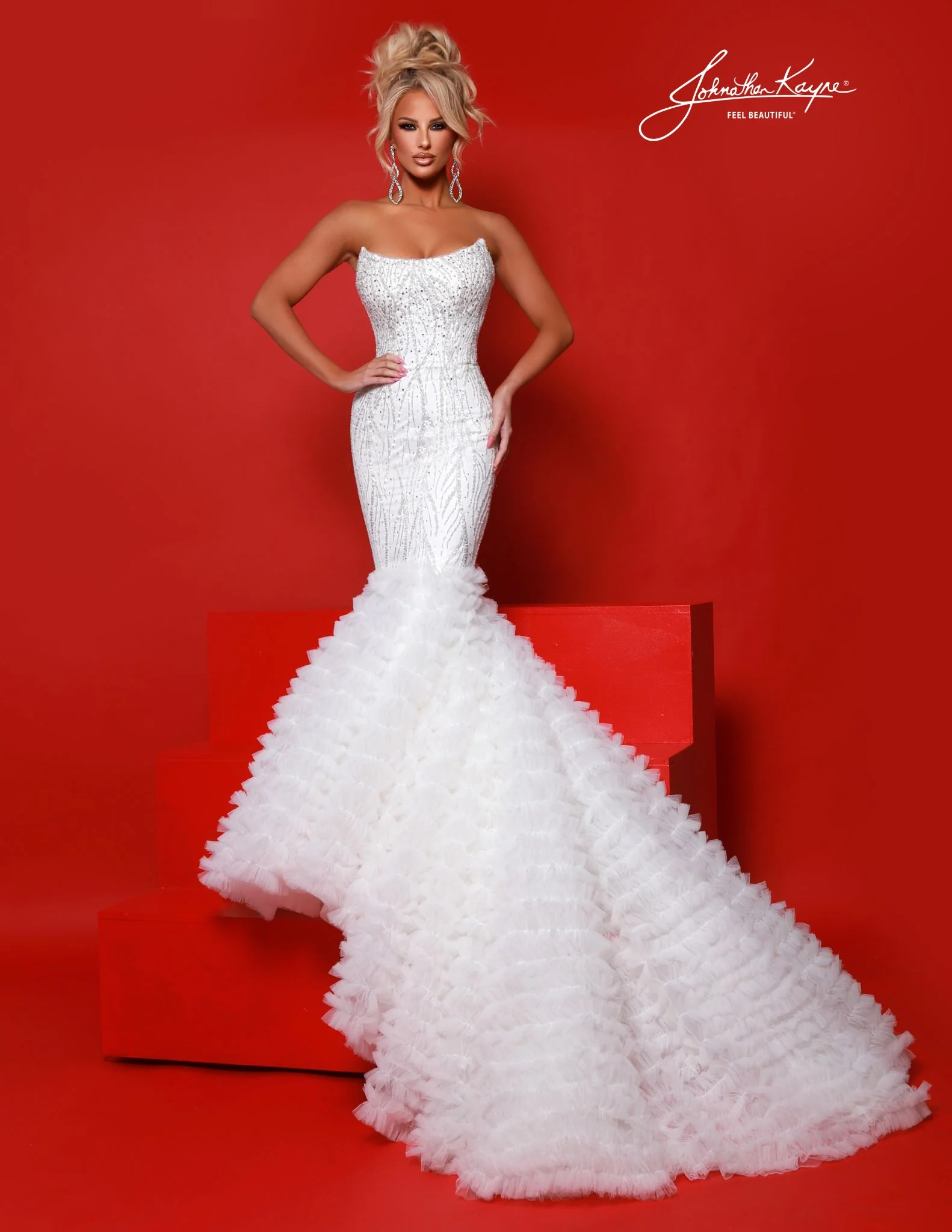 Johnathan Kayne 3165 Mermaid Dress Beaded Sequin Prom Pageant Bridal Tulle Train Scoop Neck