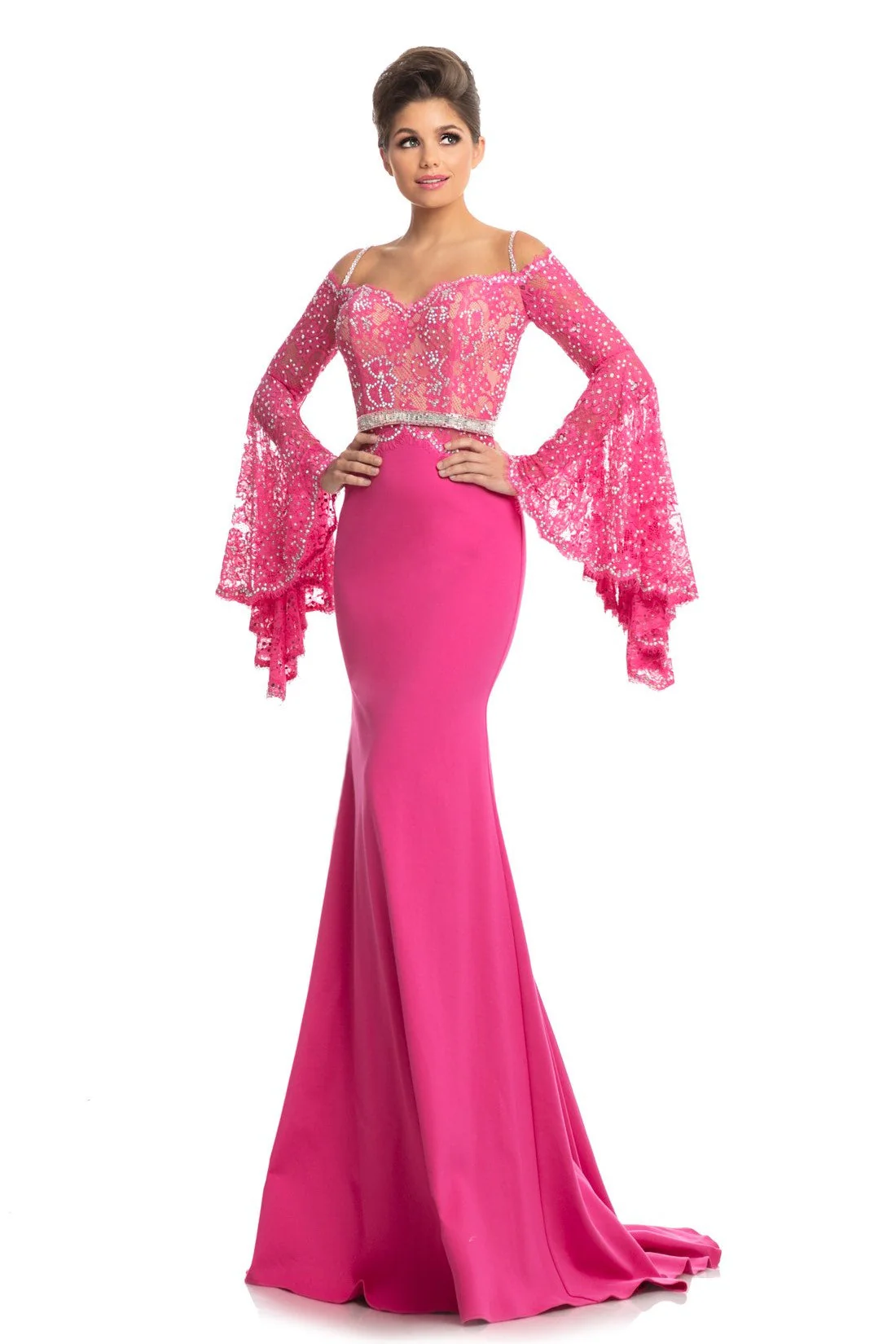 Johnathan Kayne 7244 Size 2 Pink Lace Bell Sleeve Off Shoulder Prom Dress Pageant Gown Embellished - Image 3