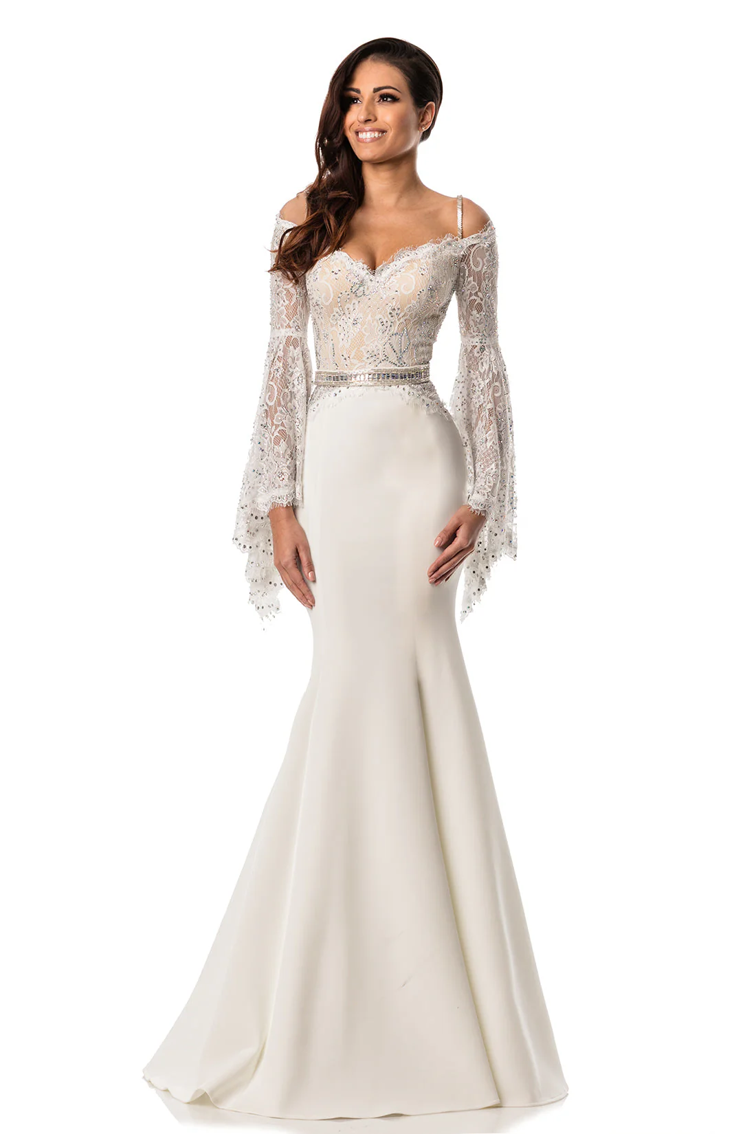 Johnathan Kayne 7244 Size 2 Pink Lace Bell Sleeve Off Shoulder Prom Dress Pageant Gown Embellished - Image 5