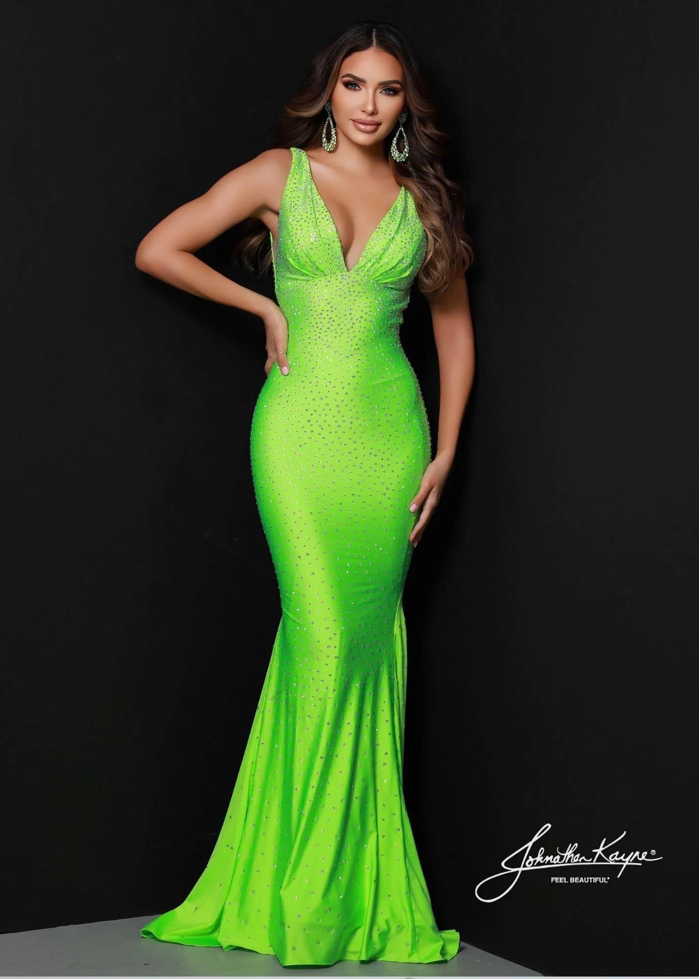 Johnathan Kayne 9213 Size 12 Peacock Hot Stone Prom Dress Ruched V Neckline Long Fitted Pageant Gown - Image 5