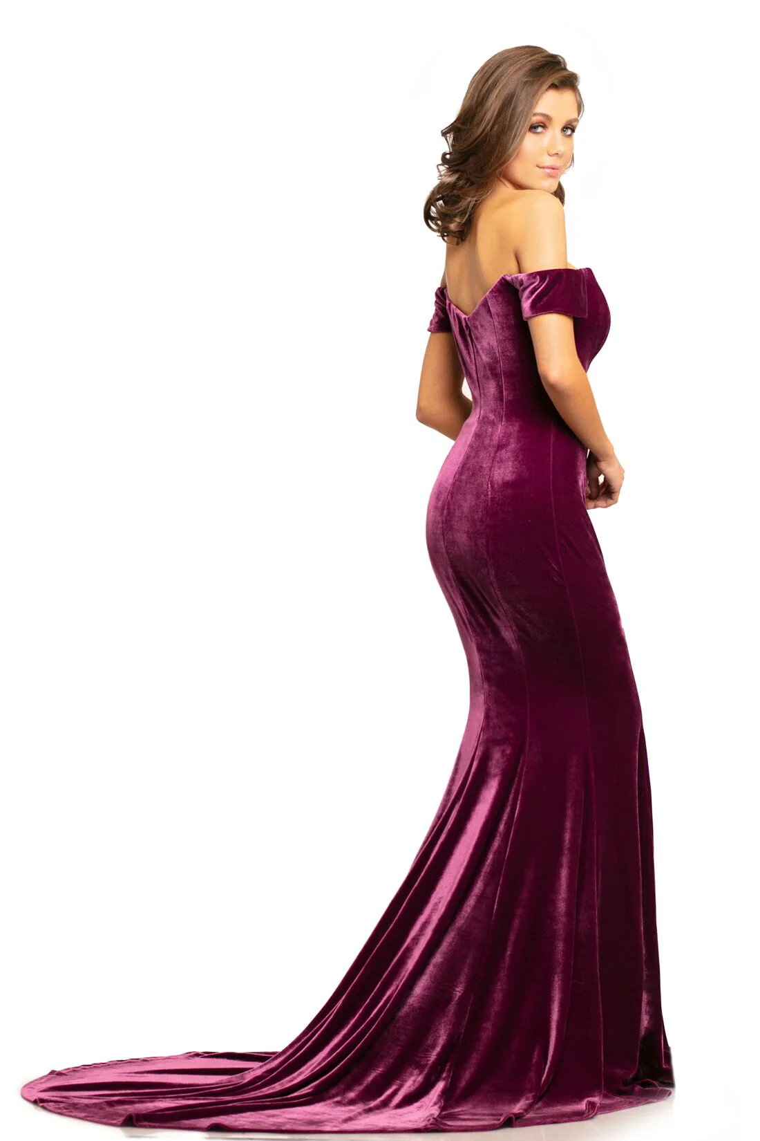 Johnathan Kayne 9227 Size 4 Plum off the shoulder velvet mermaid prom dress with train - Image 2