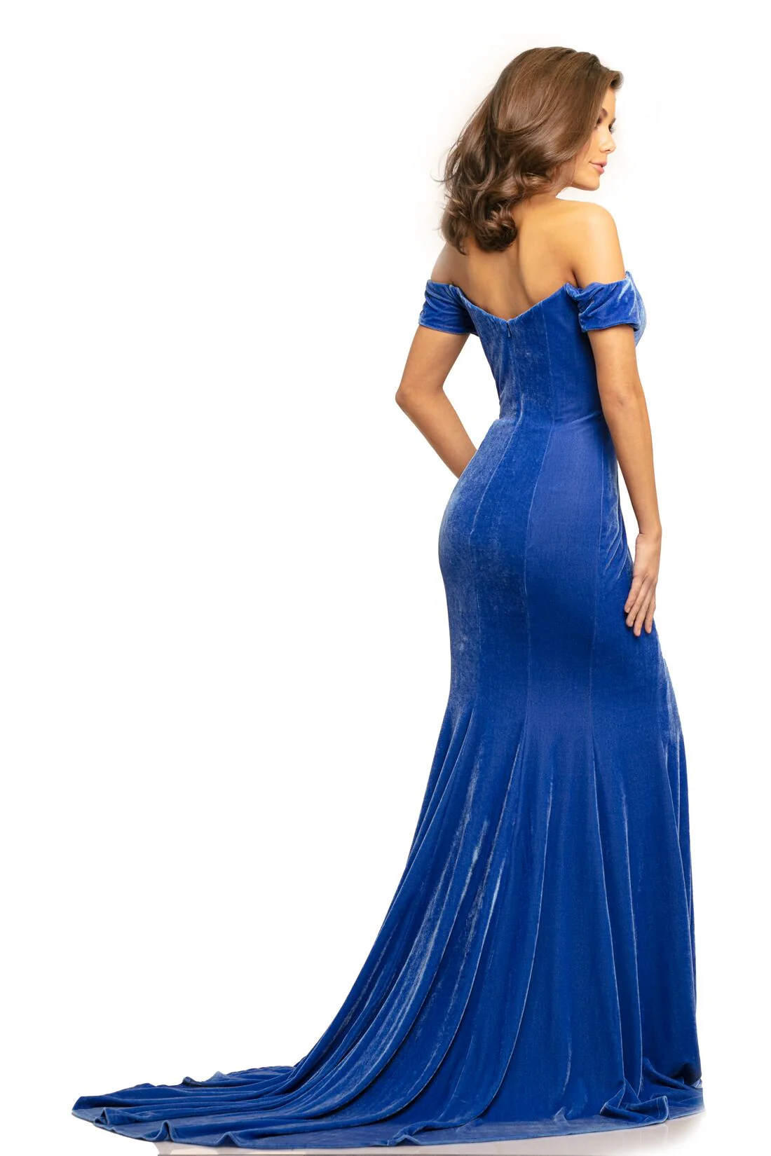 Johnathan Kayne 9227 Size 4 Plum off the shoulder velvet mermaid prom dress with train - Image 4