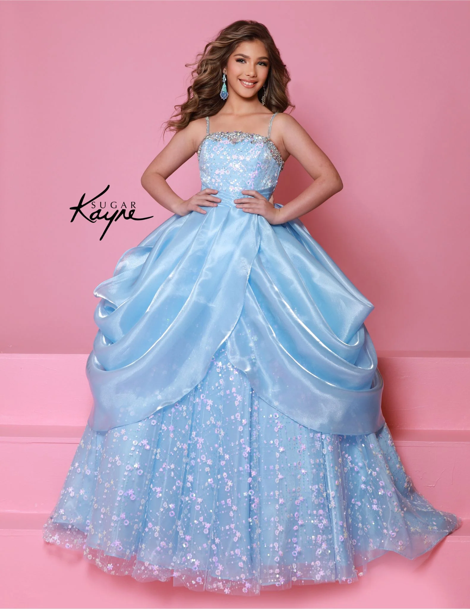 Sugar Kayne C385 children's pageant ball gown mirror organza sweetheart neckline crystal