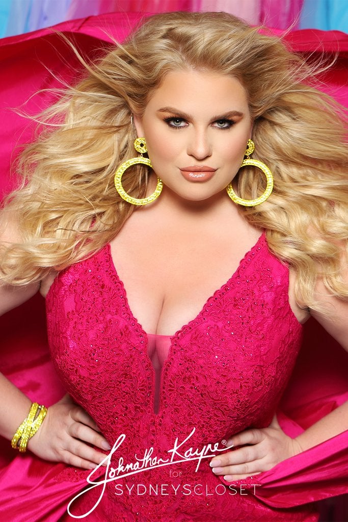 Johnathan Kayne Sydney's Closet JK2016 Size 18 & 24 Fuchsia lace prom dress with overskirt - Image 3