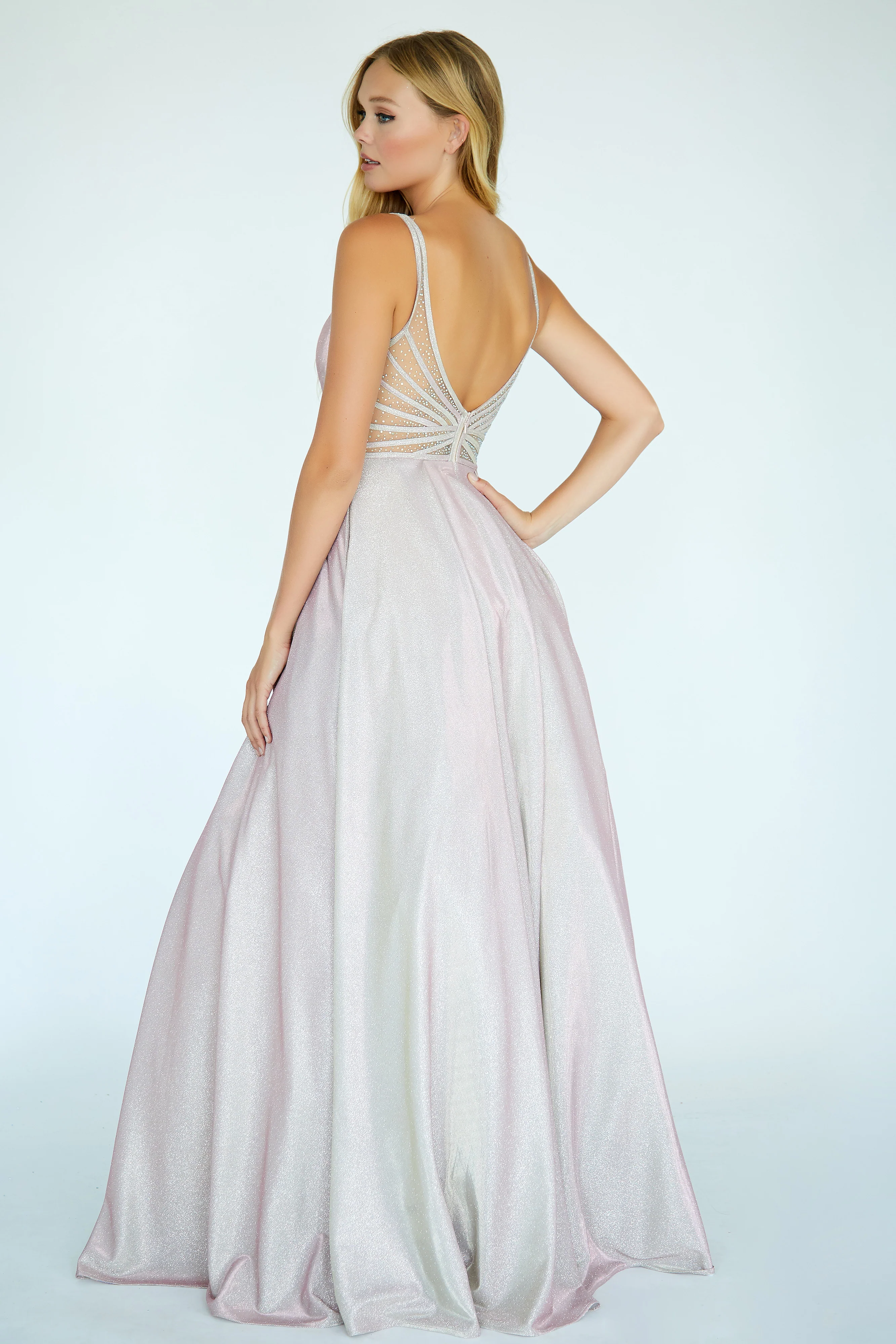 Jolene 20044 Size 6 Long Iridescent Glitter Ballgown Prom Dress Pockets Sheer Embellished - Image 2