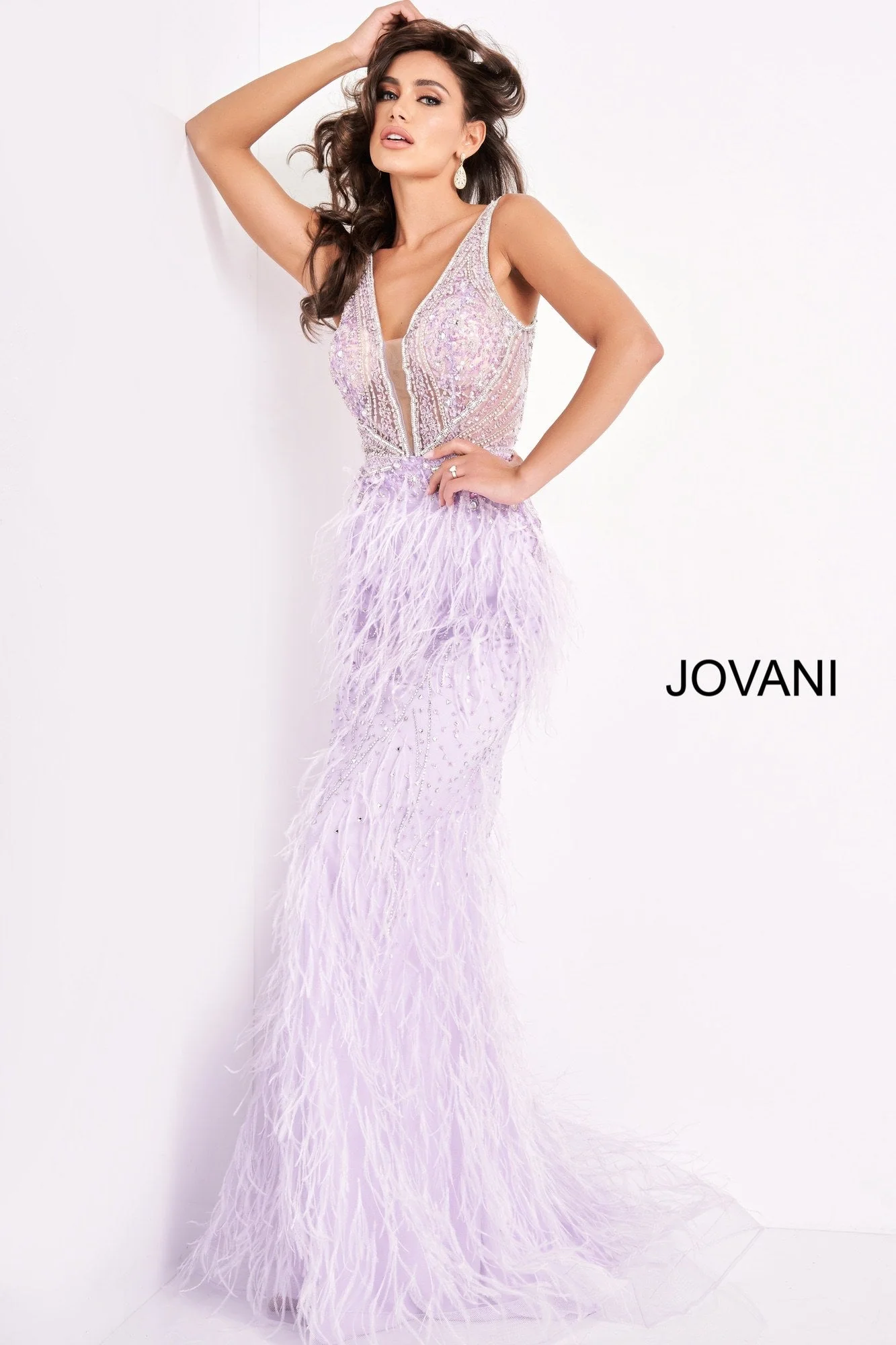 Jovani 03023 Size 2 Light Blue Sheer Feather Prom Dress Plunging Neck Wedding Gown Pageant Gown - Image 10