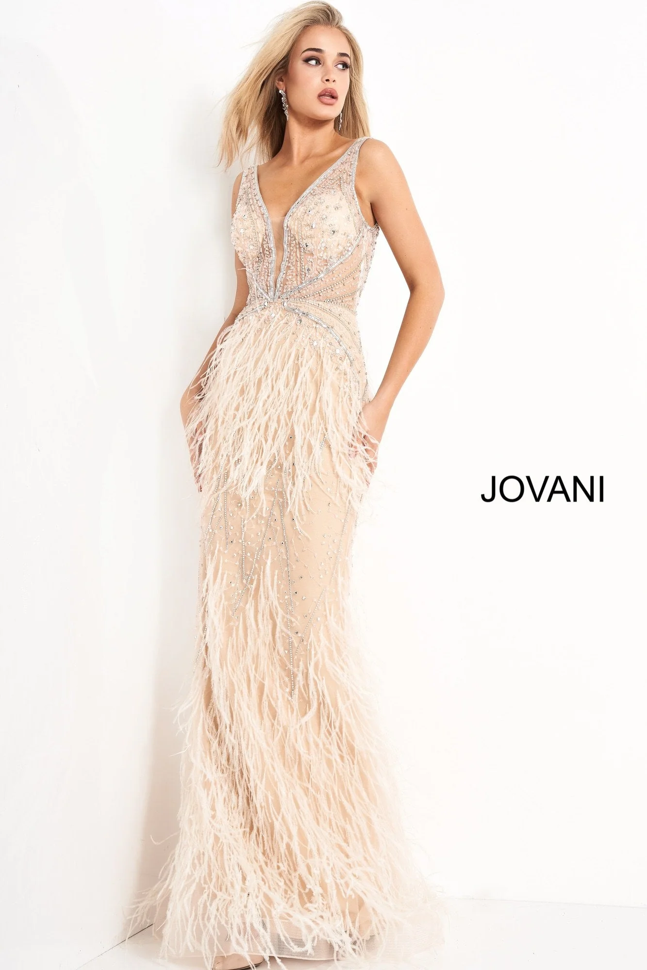 Jovani 03023 Size 2 Light Blue Sheer Feather Prom Dress Plunging Neck Wedding Gown Pageant Gown - Image 15