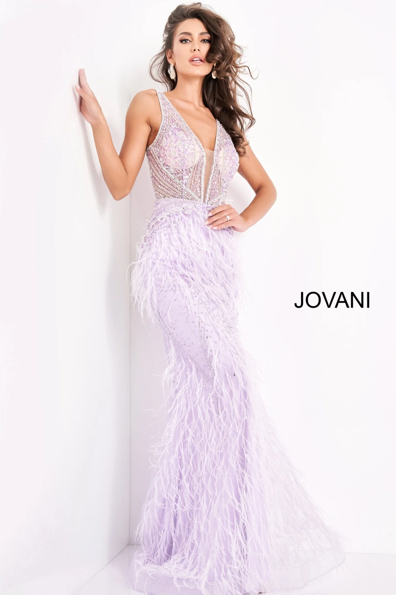 Jovani 03023 Size 2 Light Blue Sheer Feather Prom Dress Plunging Neck Wedding Gown Pageant Gown - Image 16