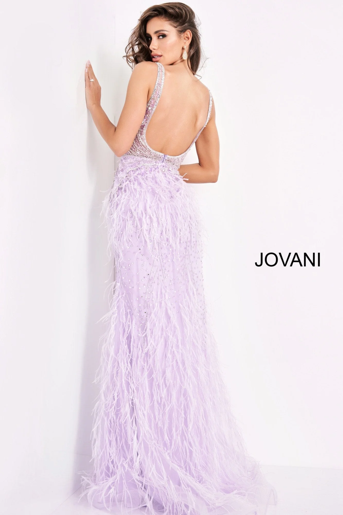 Jovani 03023 Size 2 Light Blue Sheer Feather Prom Dress Plunging Neck Wedding Gown Pageant Gown - Image 17