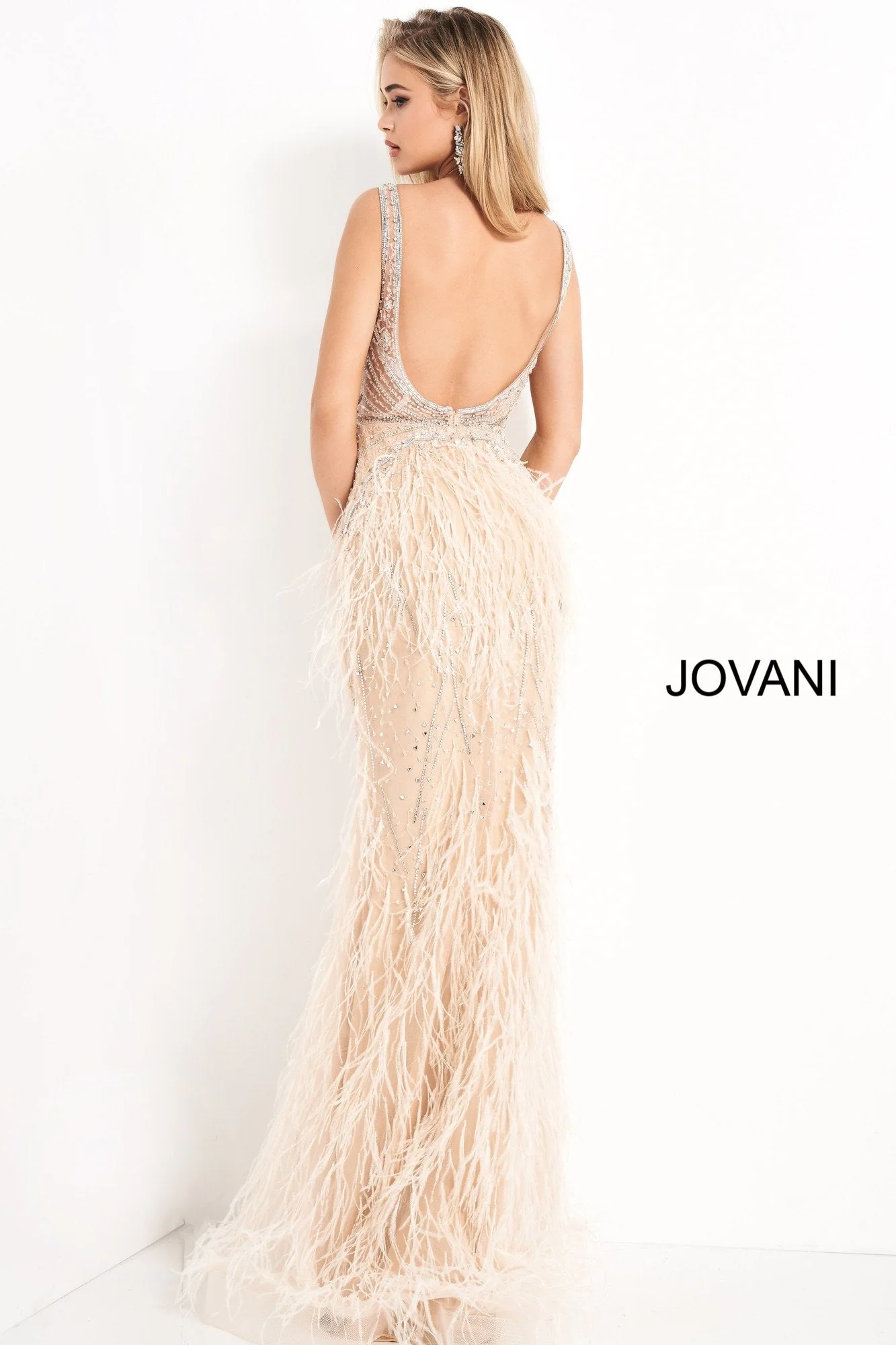 Jovani 03023 Size 2 Light Blue Sheer Feather Prom Dress Plunging Neck Wedding Gown Pageant Gown - Image 18