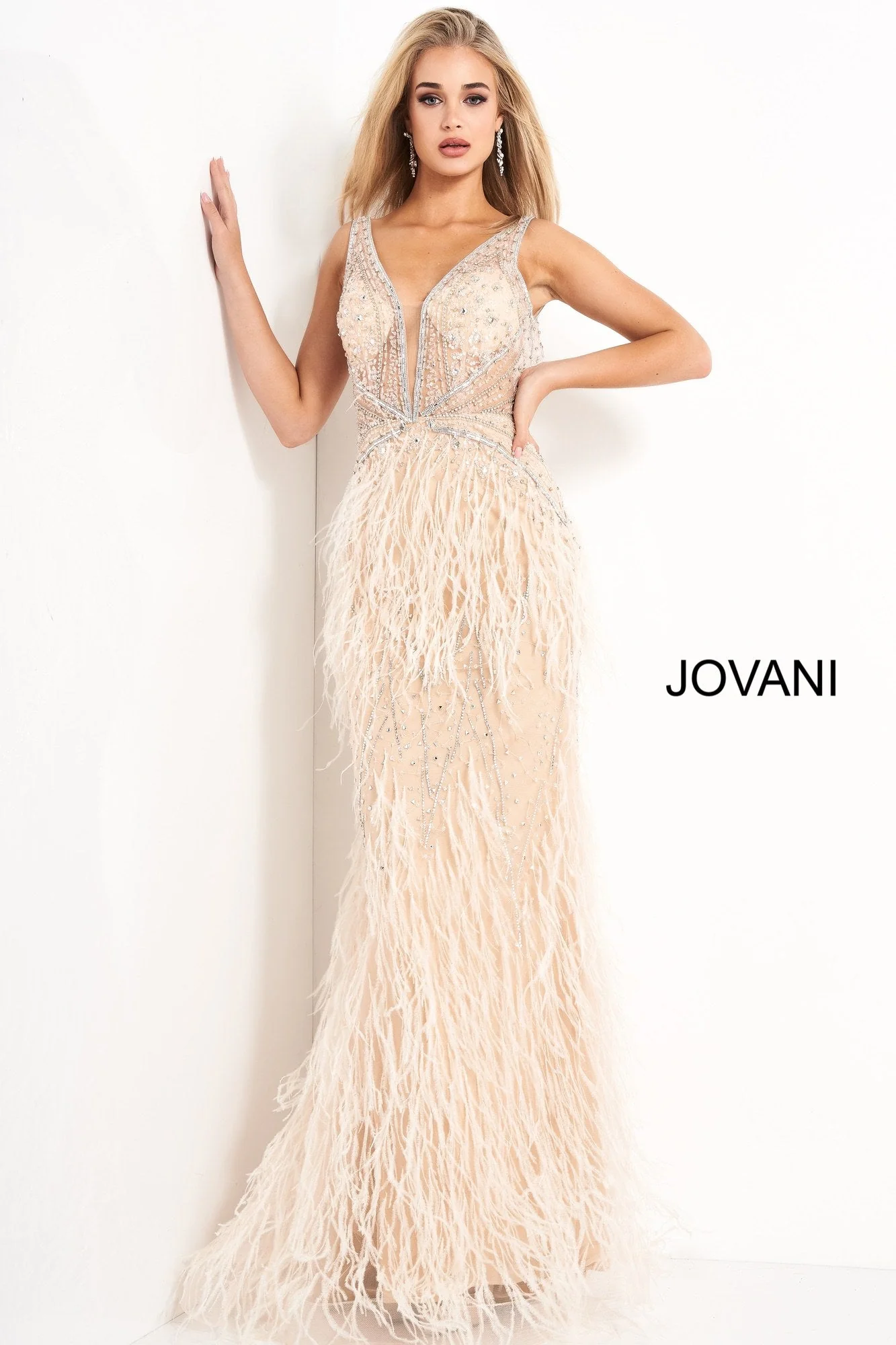 Jovani 03023 Size 2 Light Blue Sheer Feather Prom Dress Plunging Neck Wedding Gown Pageant Gown - Image 19