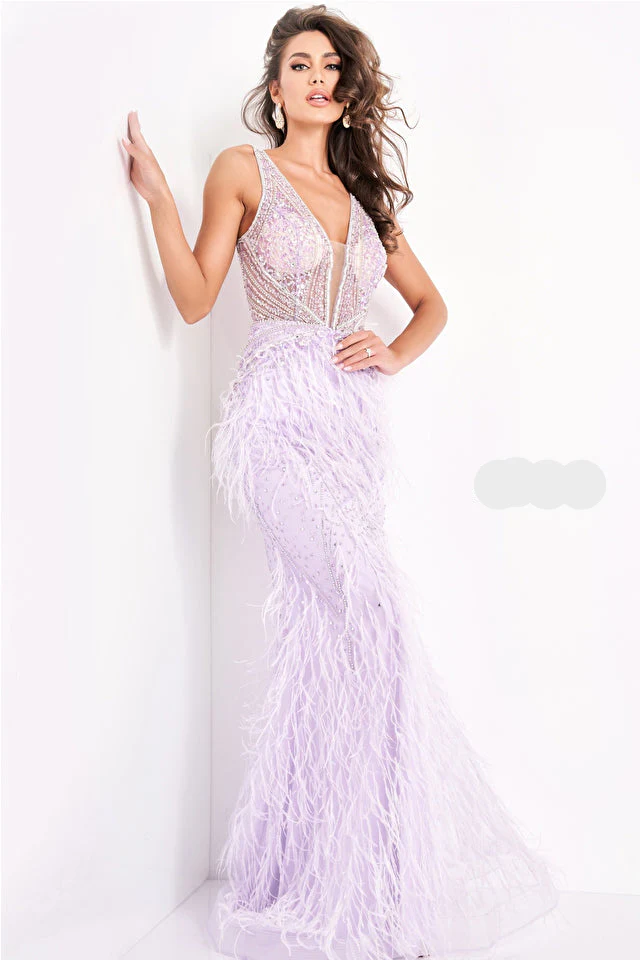 Jovani 03023 Size 8 Lilac Sheer Prom Dress Feather Formal - Image 2