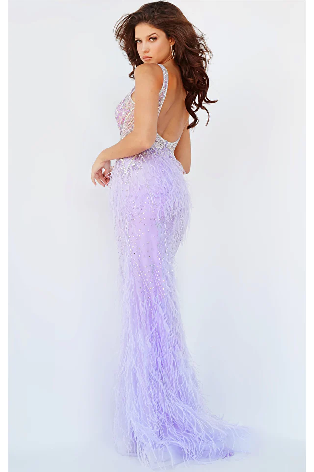 Jovani 03023 Size 8 Lilac Sheer Prom Dress Feather Formal - Image 3