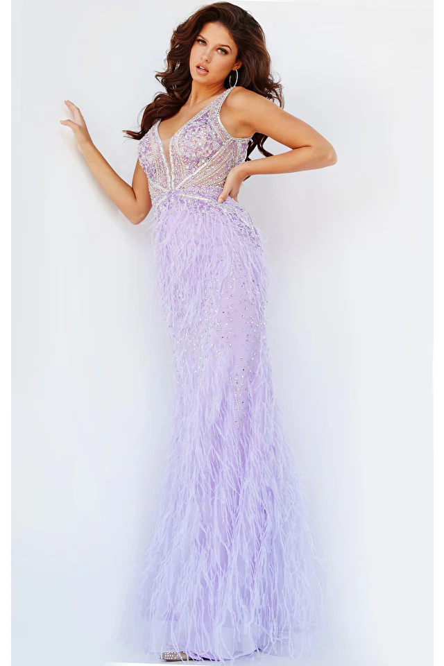 Jovani 03023 Size 8 Lilac Sheer Prom Dress Feather Formal - Image 5
