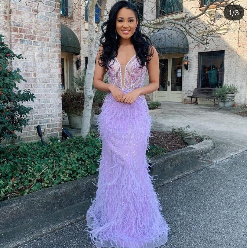Jovani 03023 Size 8 Lilac Sheer Prom Dress Feather Formal - Image 7