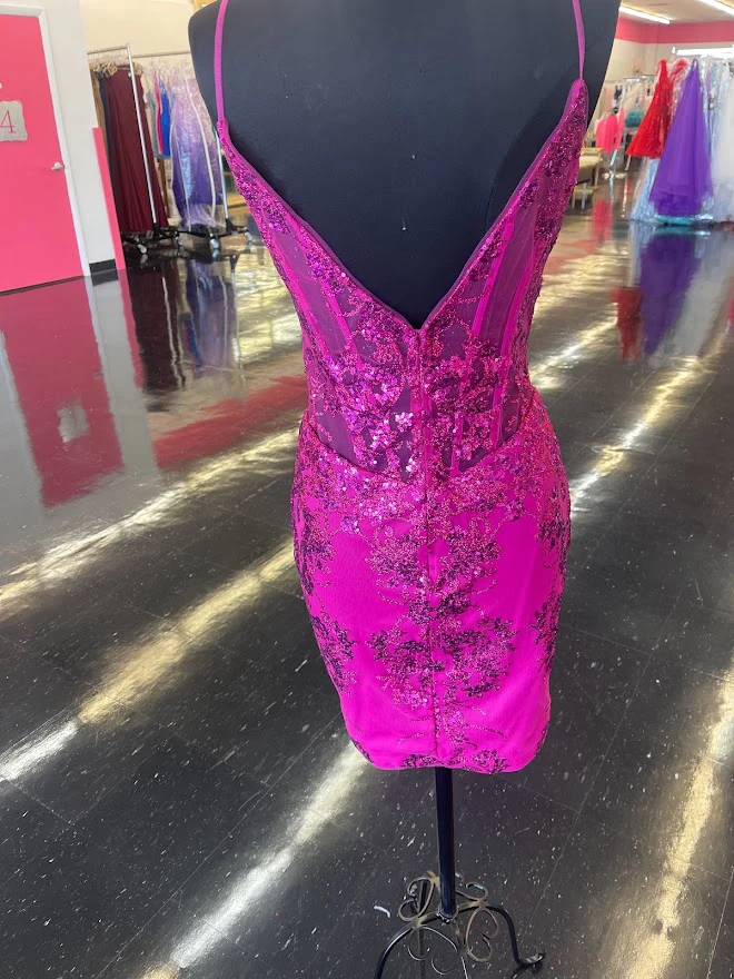 Jovani 04699 Size 4 Berry Short Fitted Sheer Glitter Homecoming Formal Dress V Neck Cocktail Dress - Image 3