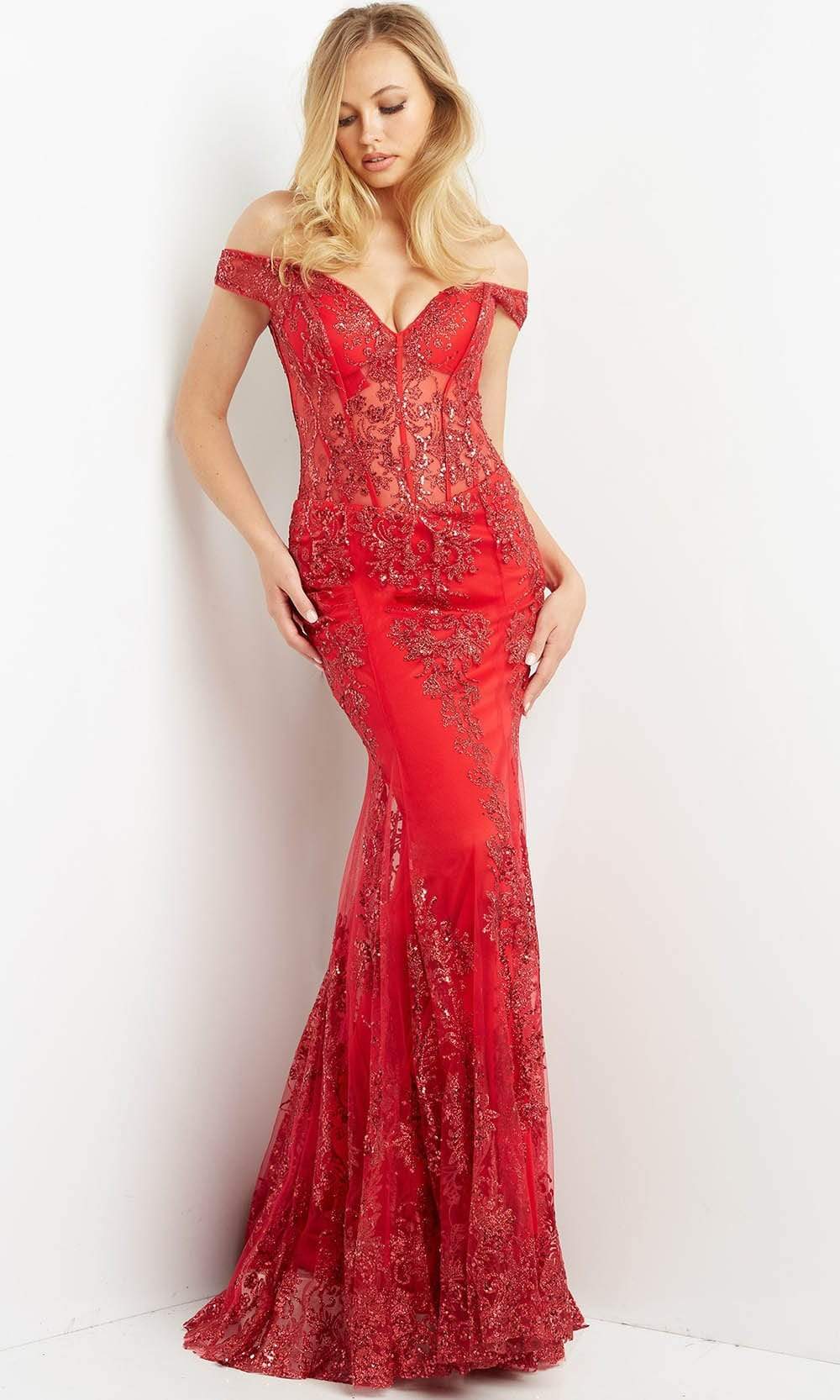 Jovani 06369 Size 12 Red Sheer Corset Prom Dress