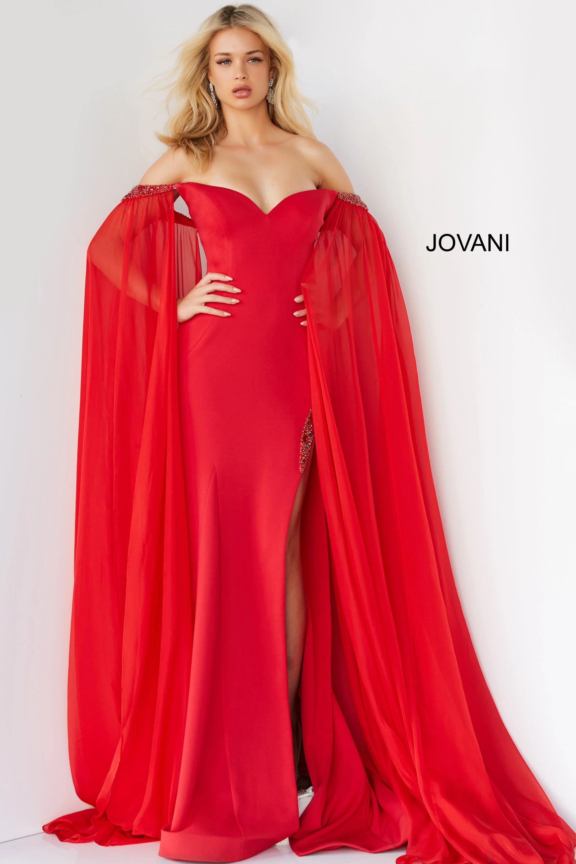Jovani 07652 Size 8 Red Prom Dress Cape Sleeves Pageant Gown Slit off the shoulder - Image 3