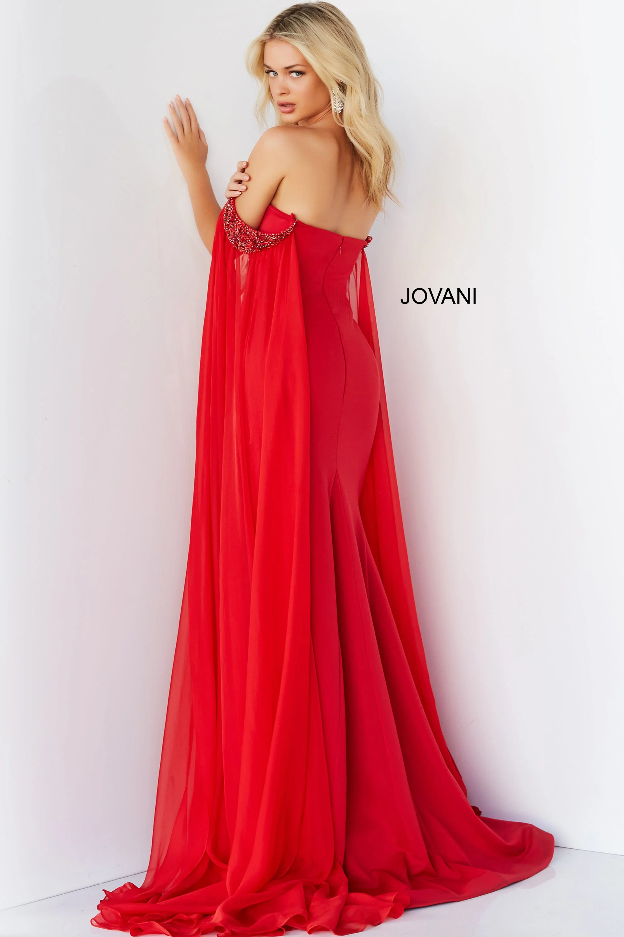 Jovani 07652 Size 8 Red Prom Dress Cape Sleeves Pageant Gown Slit off the shoulder - Image 4