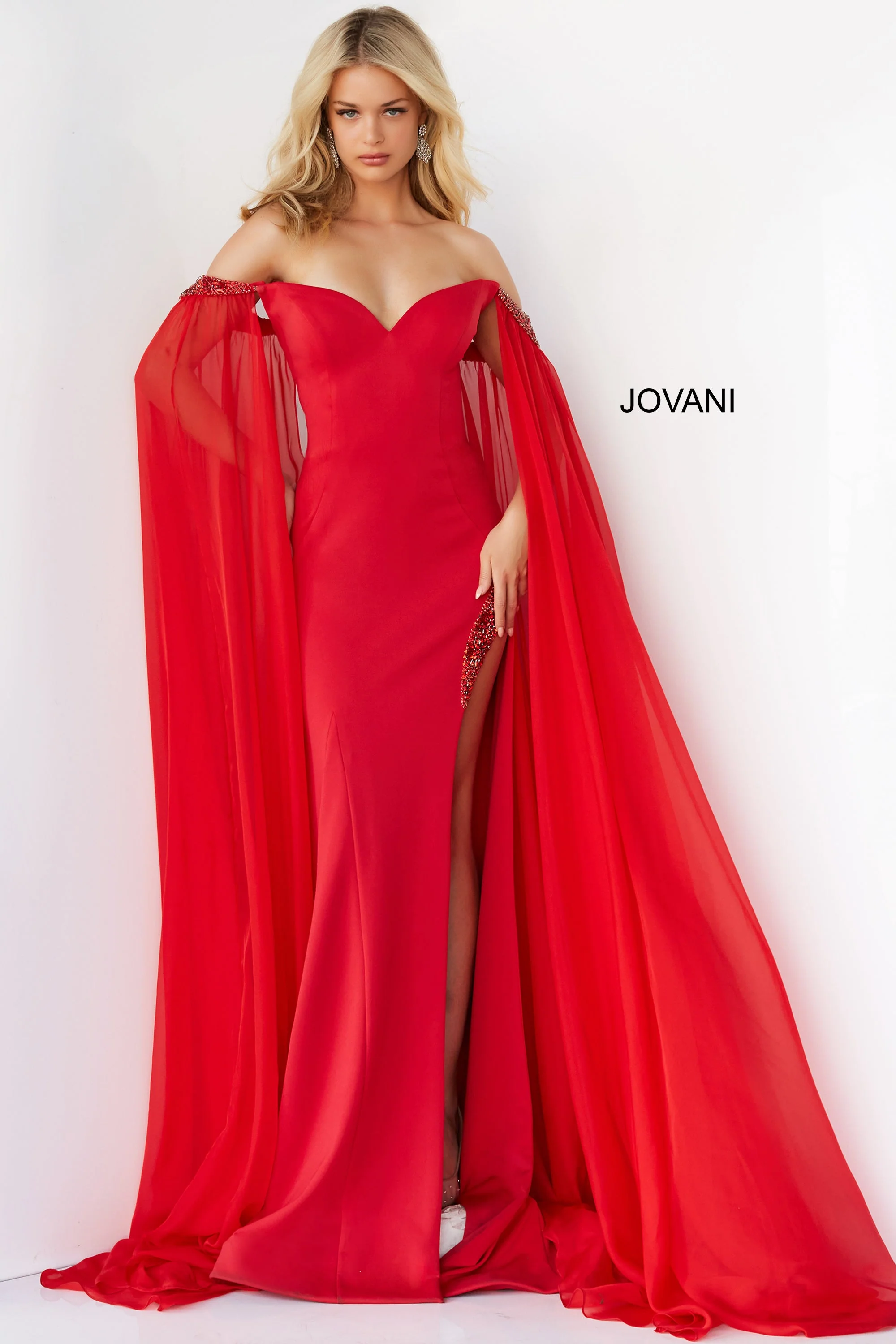 Jovani 07652 Size 8 Red Prom Dress Cape Sleeves Pageant Gown Slit off the shoulder - Image 5