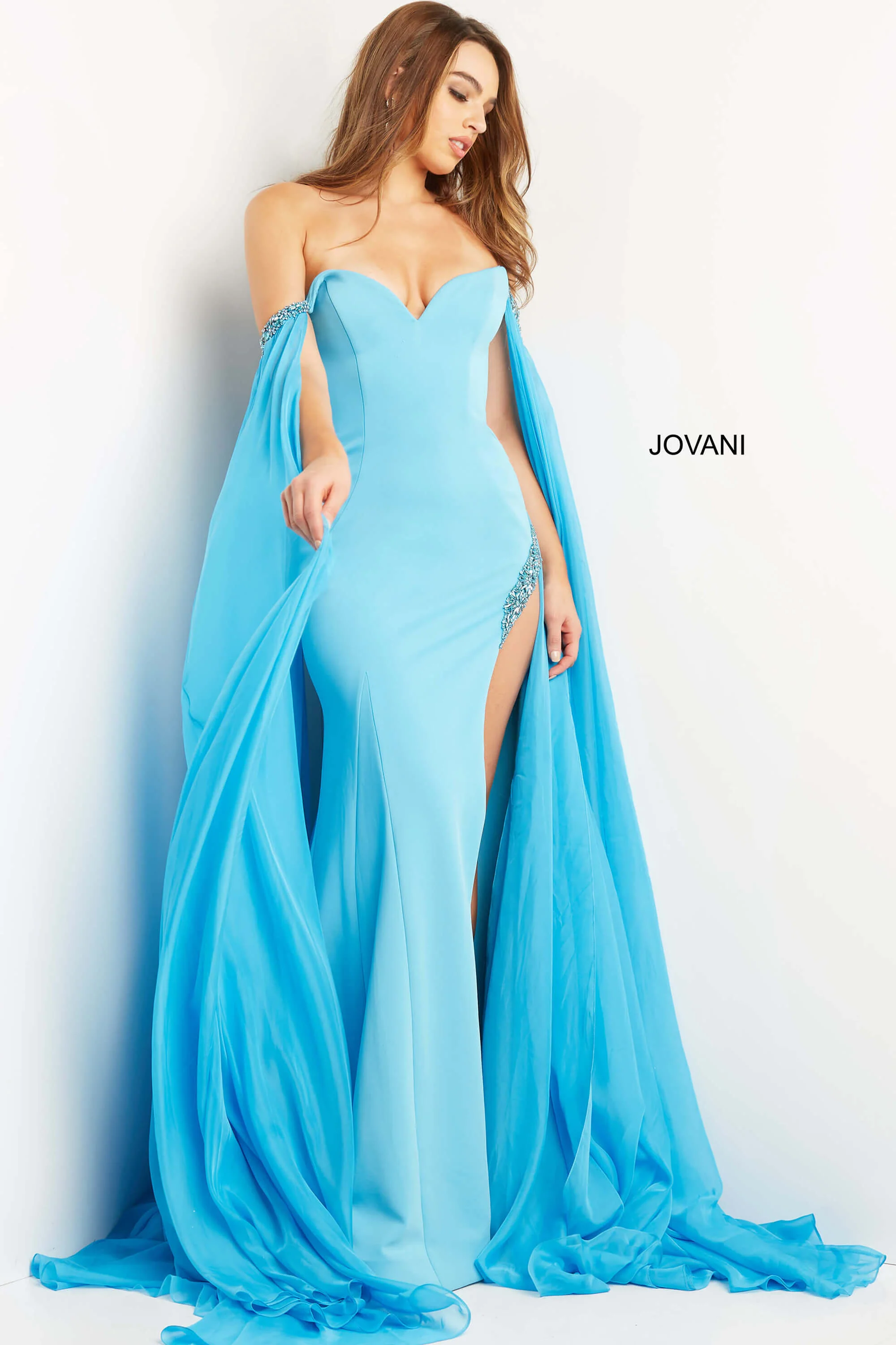 Jovani 07652 Size 8 Red Prom Dress Cape Sleeves Pageant Gown Slit off the shoulder - Image 7